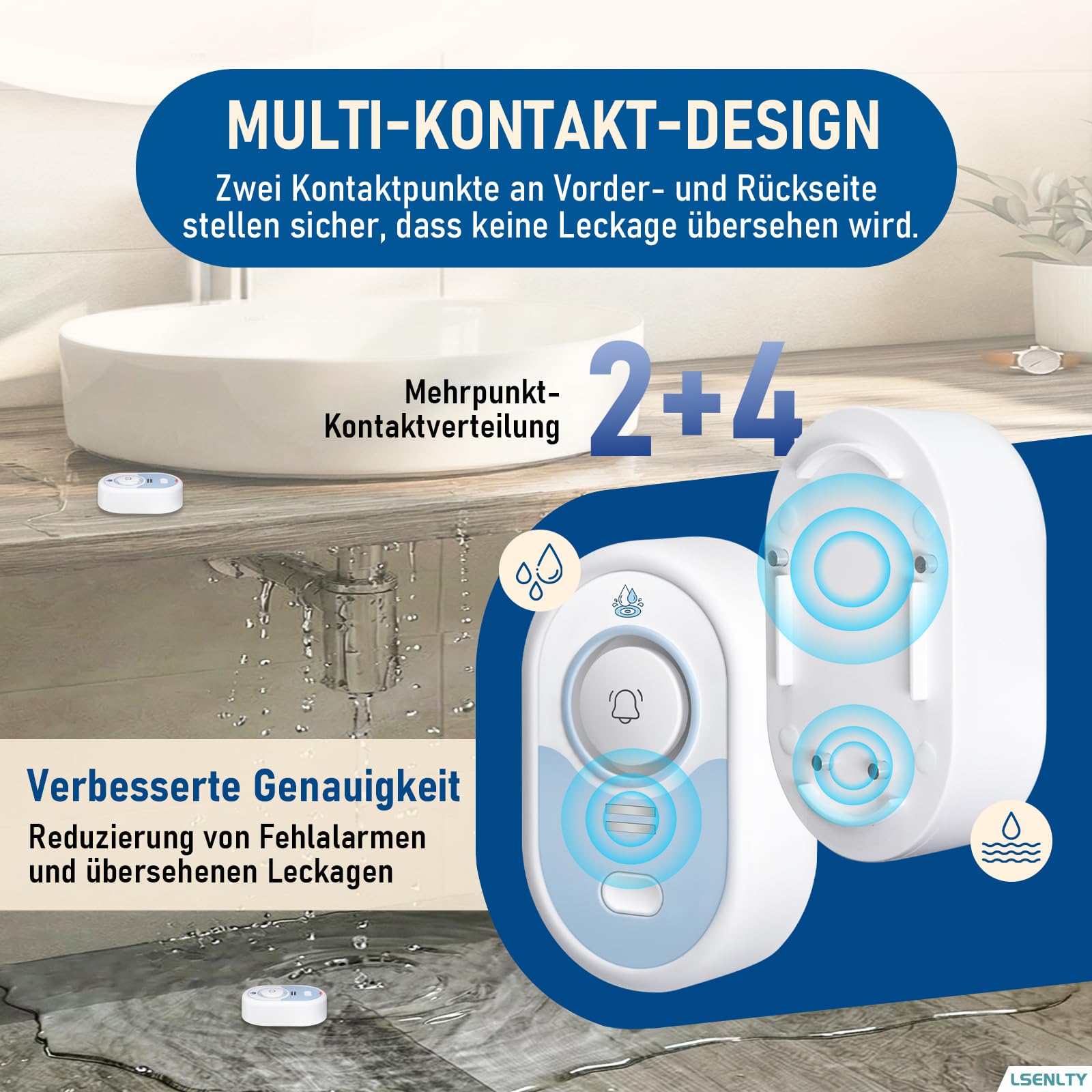 LSENTLY Wasserleck-Detektor – 5 Jahre Standby-Zeit, LED-Anzeige & 100 dB Leckalarm, Selbsttest-Funktion & Batteriewarnung, IP66 wasserdicht – für Zuhause, 5er-Pack (Keine WLAN-Verbindung möglich)