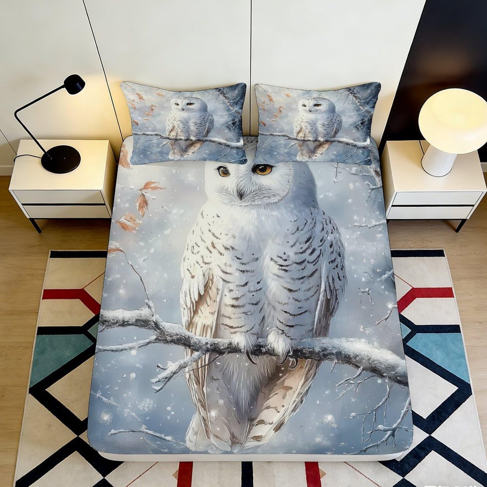 3D Printed Snowy Owl Winter Forest Fitted Sheet Microfiber Soft Mattress Cover, Bedroom Dorm Protector Decor 200x200x25cm