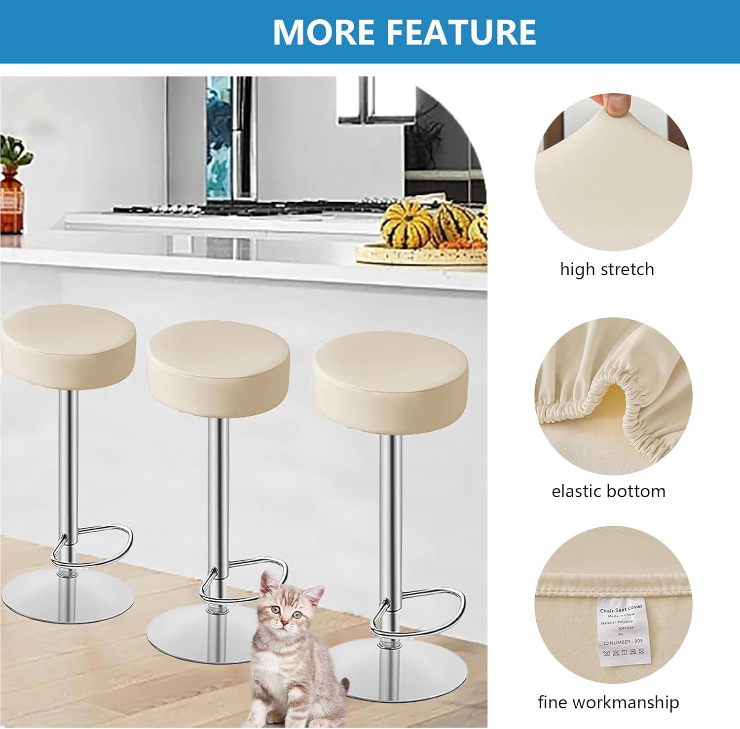 Imitation Leather Round Stool Protective Cover with Elastic Edging to Prevent Shifting(Beige,Set of 6)