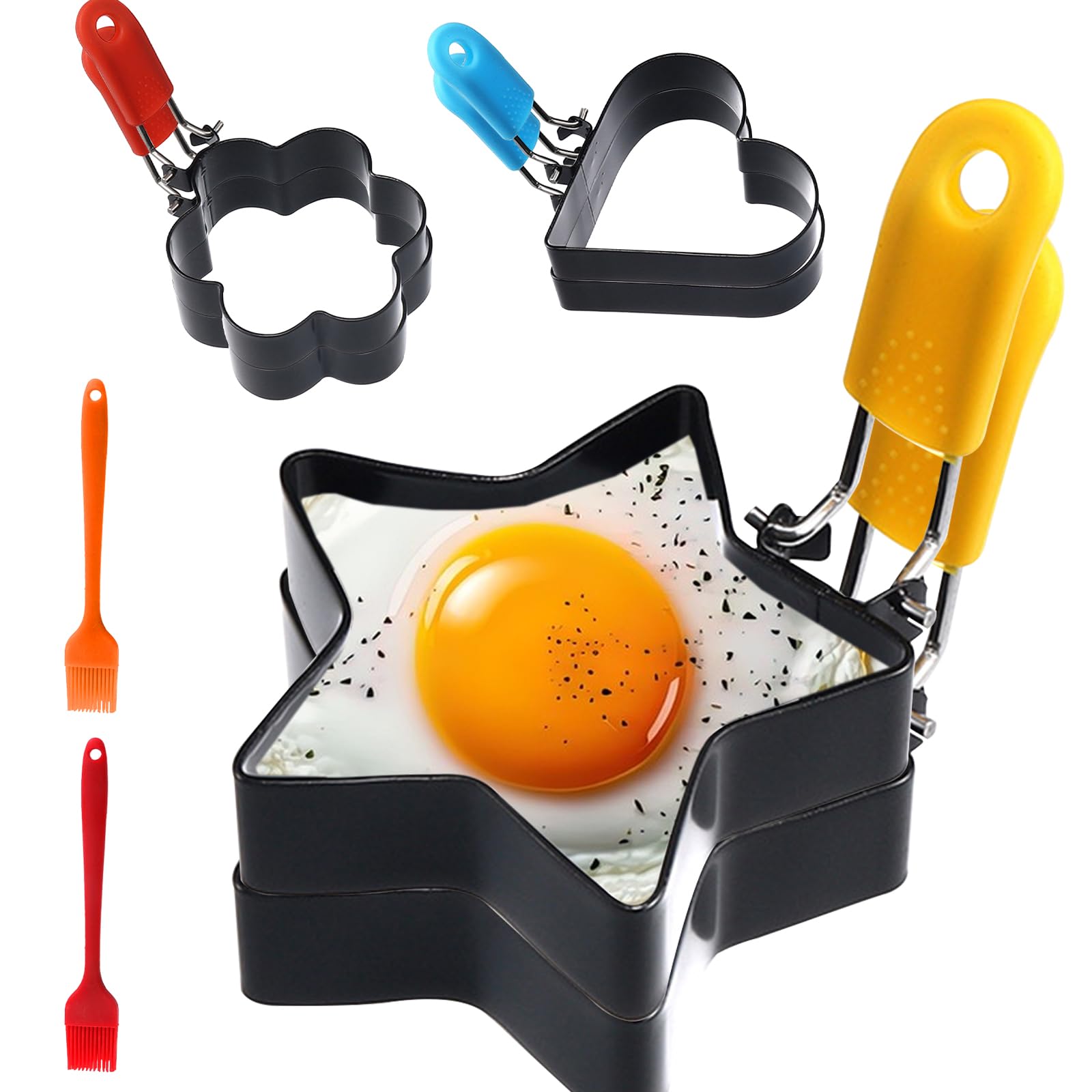 6 Pack Egg Ring with Silicone Handle,Stainless Steel Egg Cooking Rings,Egg Rings for Frying with Oil Brush,Pancake Mold Fried Egg Mold Egg Mcmuffins Makers Omelet Pancake Makers for Breakfast