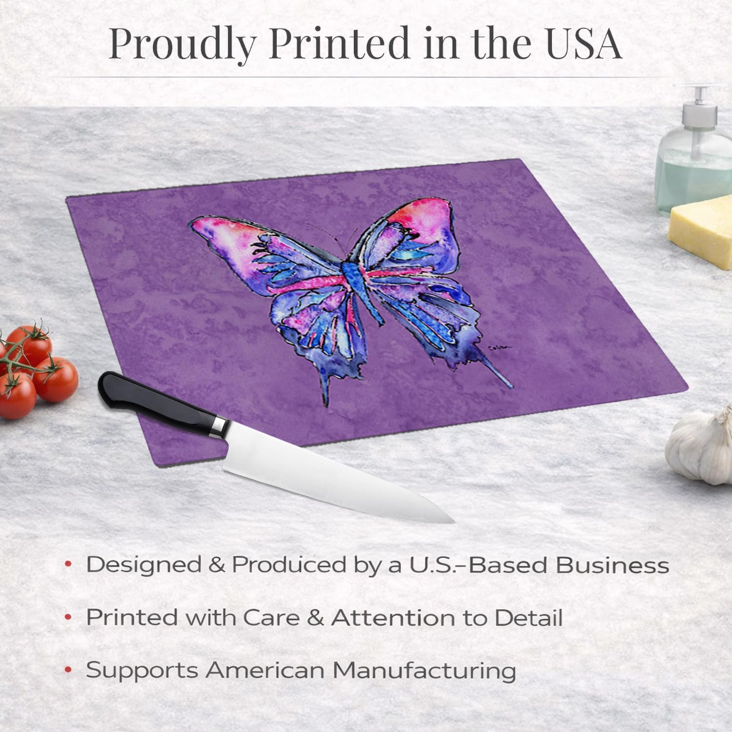 Caroline's Treasures 8860LCB Butterfly on Purple Glass Cutting Board Large Decorative Tempered Glass Kitchen Cutting and Serving Board Large Size Chopping Board