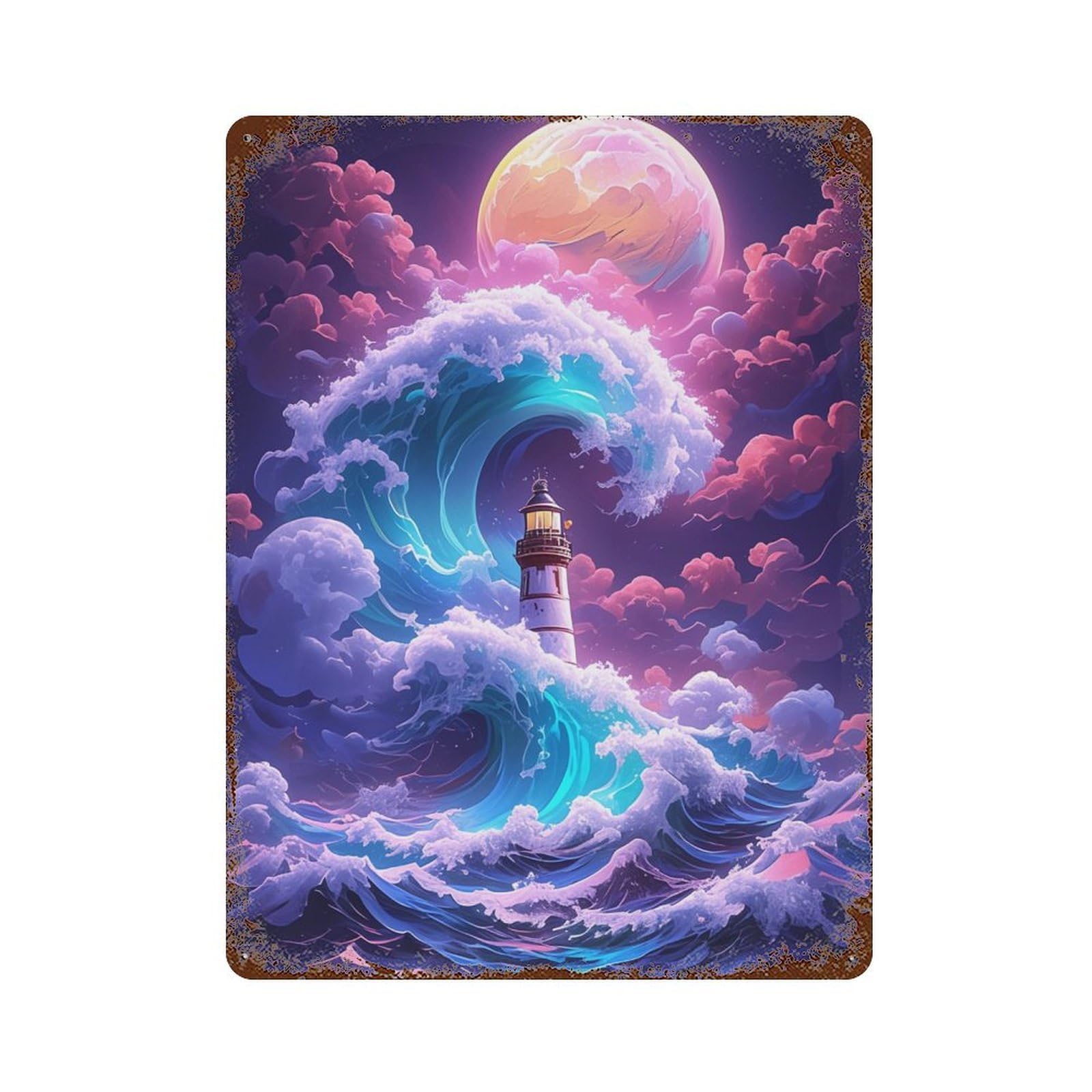 Garage Style Magical Lighthouse Ocean Wave Distressed Metal Wall Sign 15.7"x11.8", Rustic Home Decor for Bar And Workshop