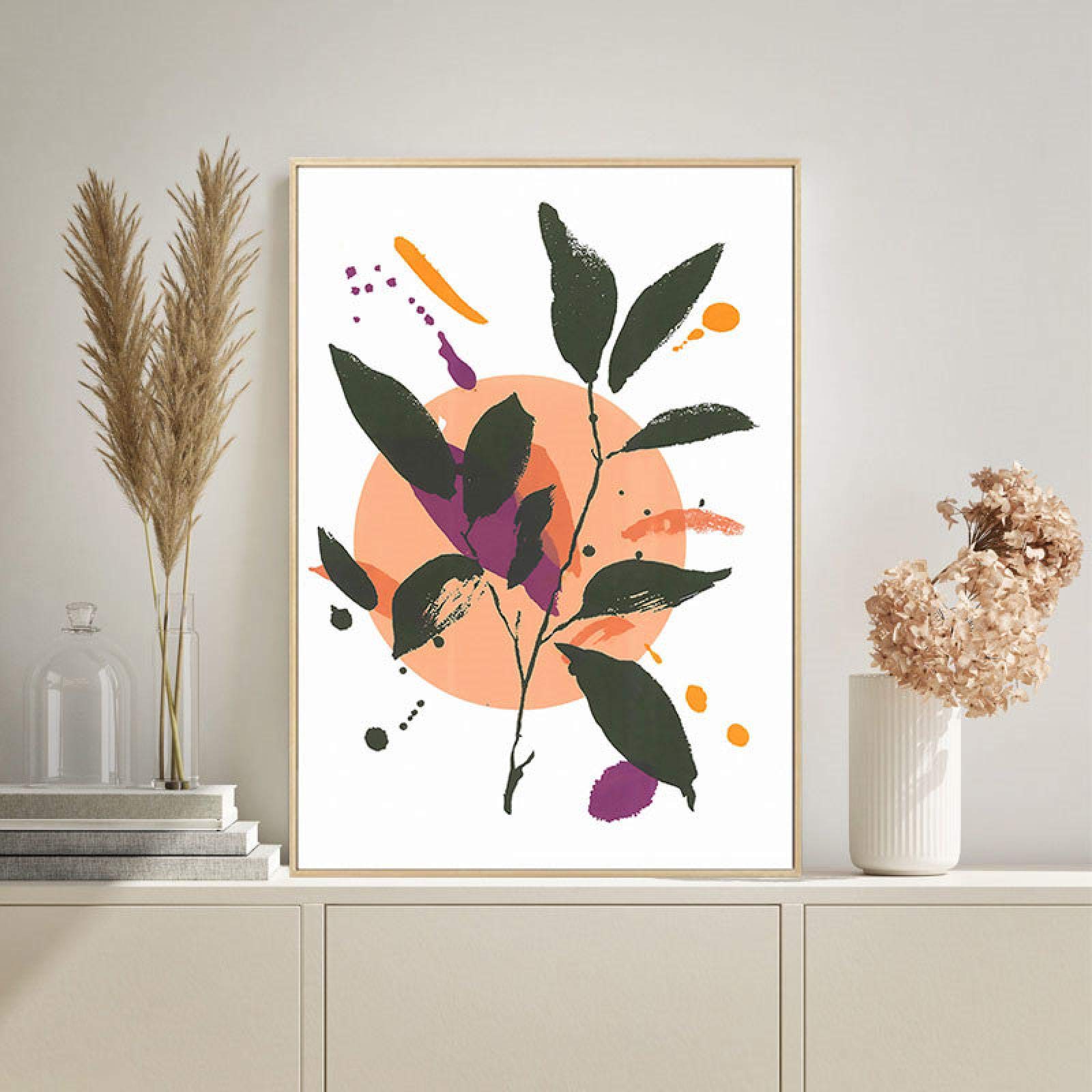 Impresiones artísticas en lienzo, estirado, enmarcado, cartel de plantas nórdicas, pinturas abstractas para dormitorio, decoración del hogar, hojas, impresiones en línea, 60x80cm marco interior