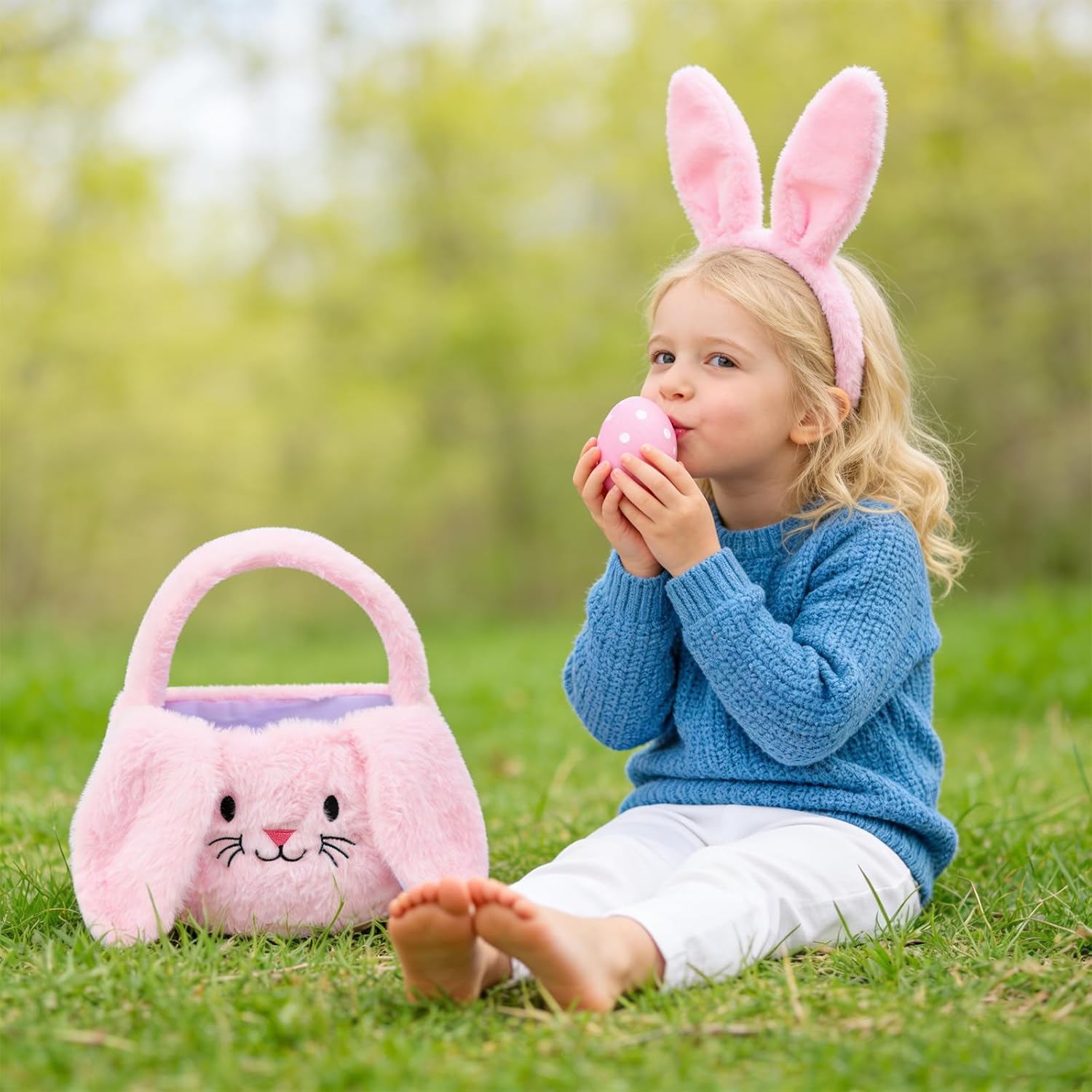 BRYXTAL Easter Bunny Baskets for Kids,With foldable ears,Cute Plush Egg Hunting Bag Bucket,Easter Gifts for Boys and Girls