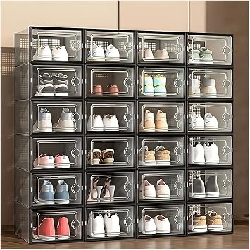 Shoe Storage Boxes, Organizers Clear Plastic Stackable 12/24 Pack Free Standing Shoe Racks Toy Storage Organizer Bins for Entryway, Closet, Under Bed, 33x23x14cm Black 12pcs