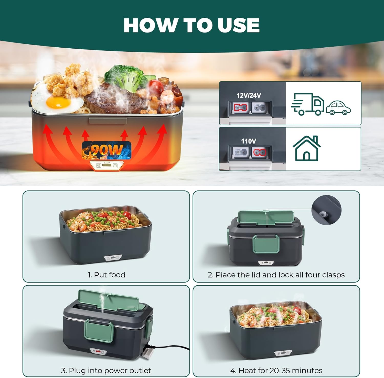 3.5L 2-Layer Electric Lunch Box, 90W Efficient Heating Food Warmer with 304 Stainless Steel Detachable Liner, 12V/24V/110V Multi-Voltage for Car/Truck/Home/Office,