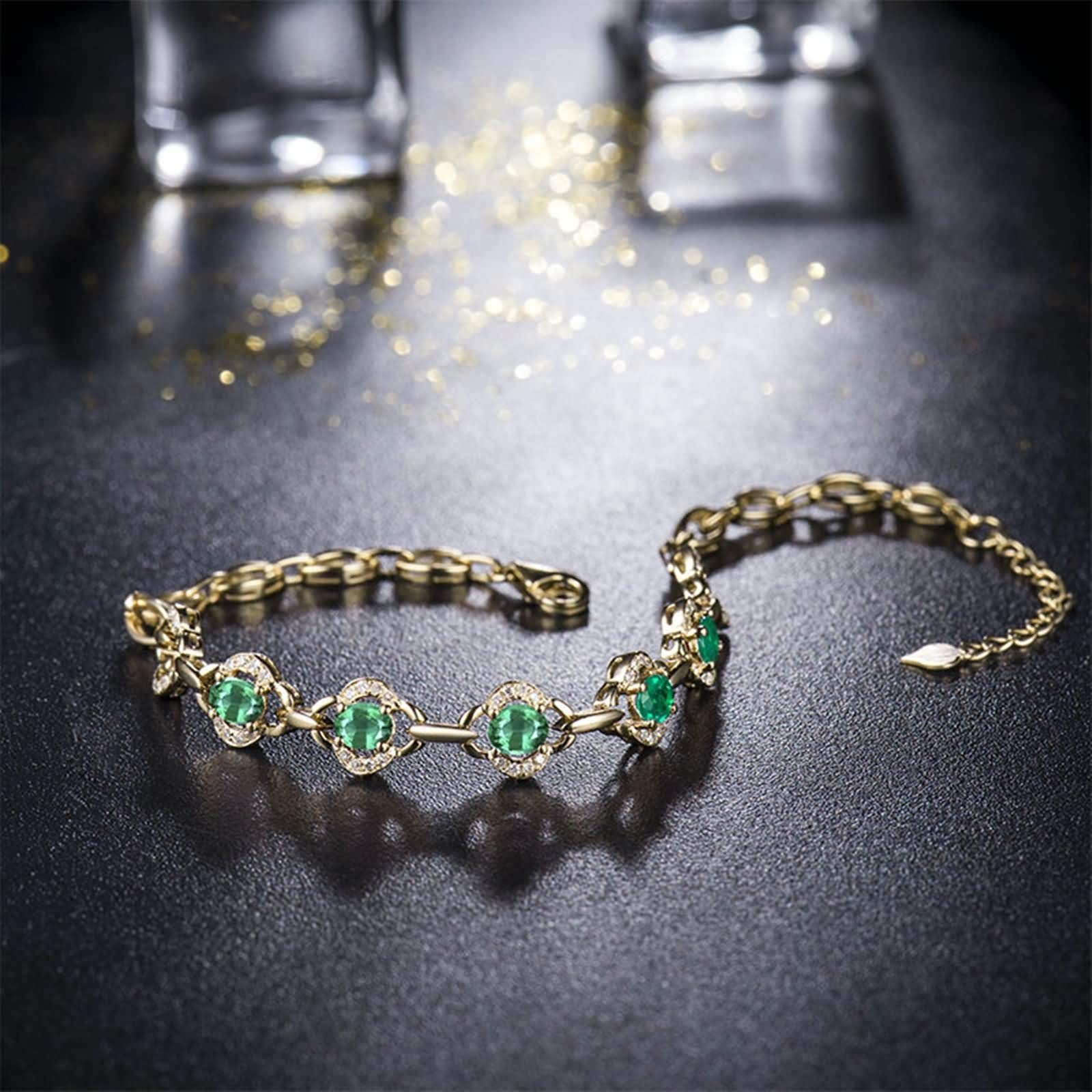 Pulsera de Mujer Oro Amarillo 9 K / 14 K / 18 K, Flor y Oval con Esmeralda de 1,95 ct y Diamante de 0,23 ct, Cadena Extensible 16 CM + 5 CM, Pulsera de Oro Verde para Mujer Ajustable