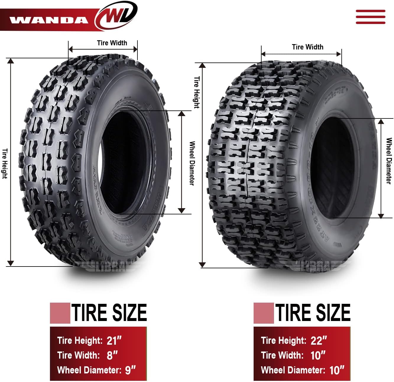 WANDA Full Set Sport ATV tires 21x8-9 & 22x10-10 for 88-02 Kawasaki Bayou 220