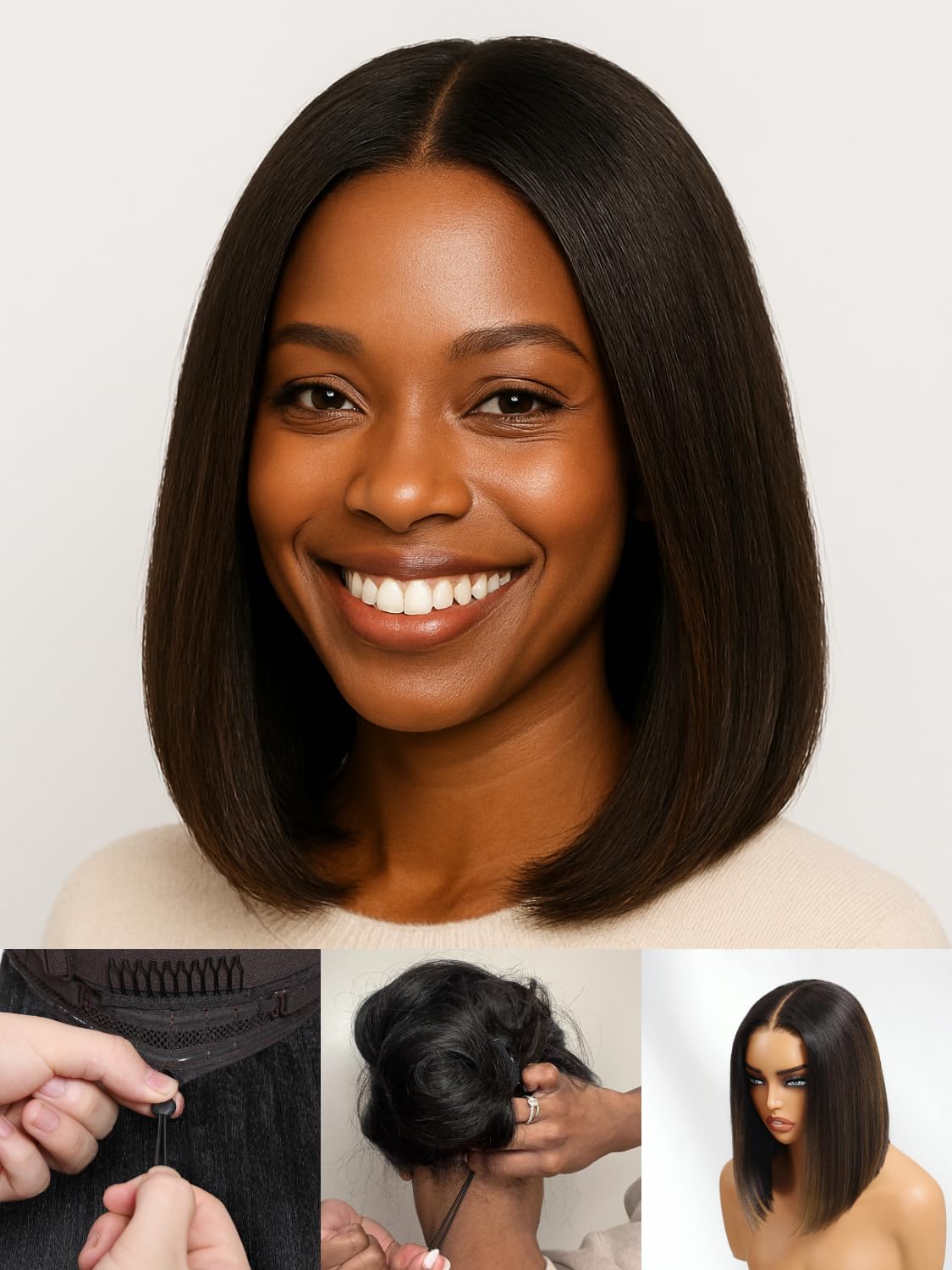 Nadula Balayage Ombre Brown Yaki Straight Bob Drawstring Wig Human Hair Pre Plucked,Pre Cut Glueless 7x5 HD Bye Bye Knots Ready to Wear Short Yaki Bob Wig with Chestnut Brown Highlight 12inch