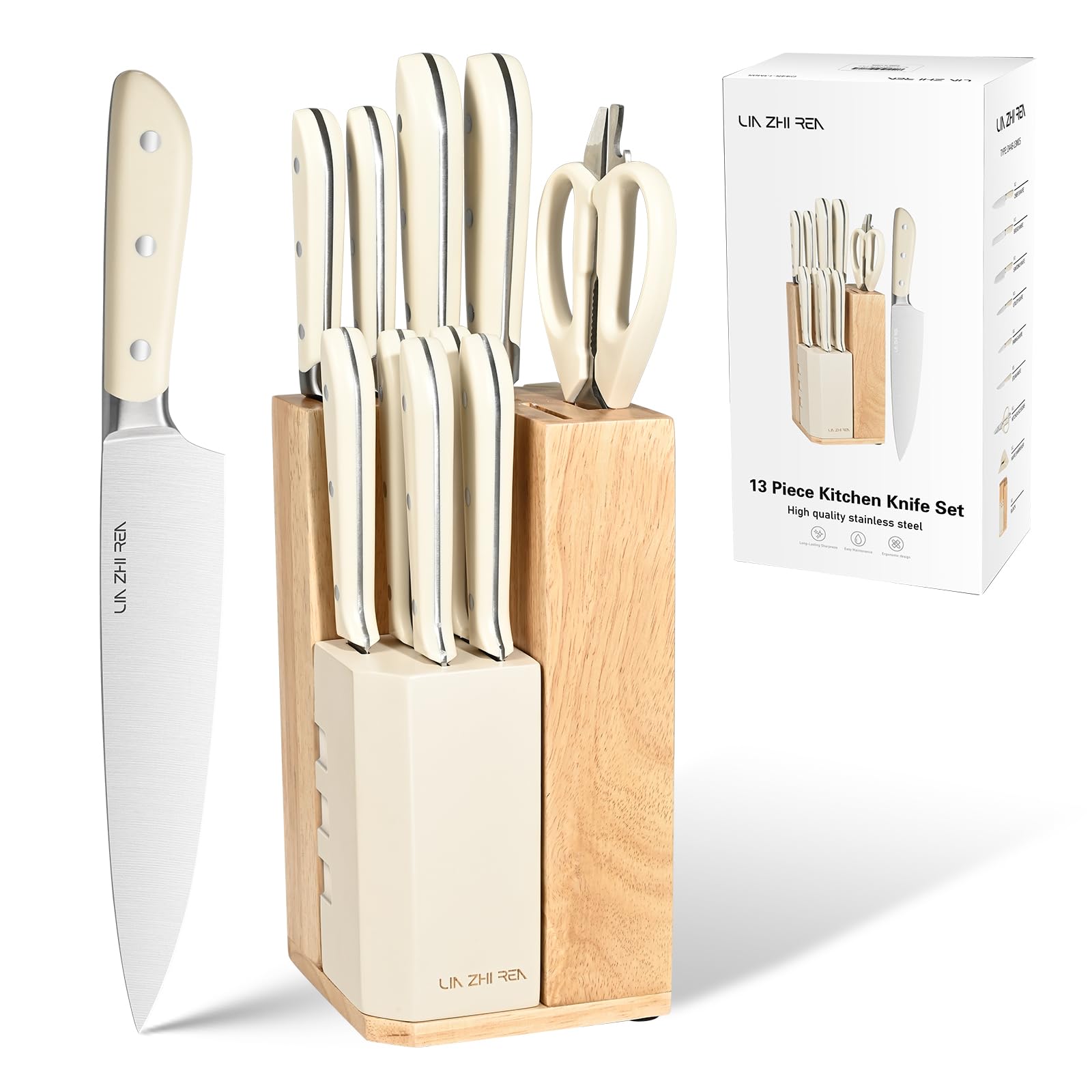 LIN ZHI REN 13 Piece Kitchen Knife Set with Built-in Sharpener, Professional Stainless Steel Knife Block Set, Full Tang Ergonomic Handle, Includes Chef, Santoku, Bread & 5 Steak Knives (White) — image 1