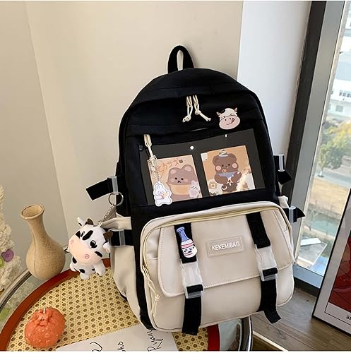 Miniatura 4 de Kawaii - Mochila estética para laptop, bolsa escolar de gran capacidad, bonita mochila de 17 pulgadas para niñas con insignia y colgante, Negro -,