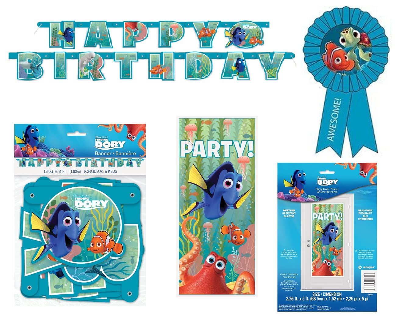 UNIQUE Finding Dory Finding Nemo Birthday Party Supplies Decoration Bundle includes Happy Birthday Banner, Door Poster, 8 Loot Bags