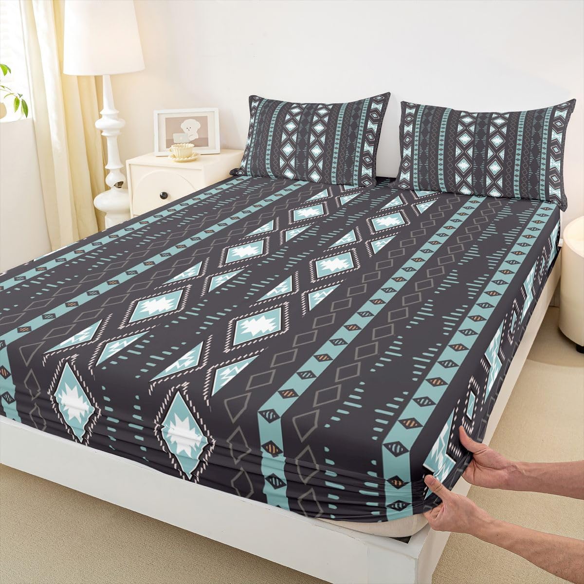 Erosebridal Bohemian Fitted Sheet Boho Aztec Striped Sheet Set for Teens Boys,Tribe Geometric Triangle Bed Sheets Mexican Style Flat Sheet Bohemian Style Room Decor Queen,Southwestern Decor