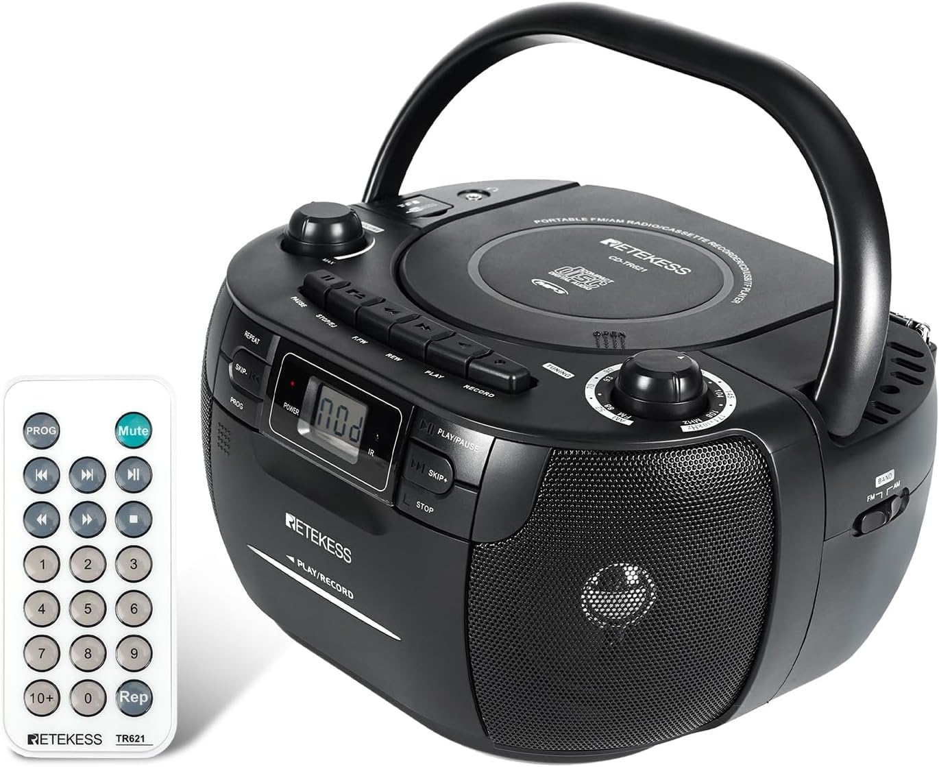 Retekess TR621 Przenośny Odtwarzacz CD Boombox Stereo z Radiem AM FM, Odtwarzacz Kasetowy, Magnetofon Kasetowy, Obsługa USB/TF/Słuchawek, z Pilotem (czarny)