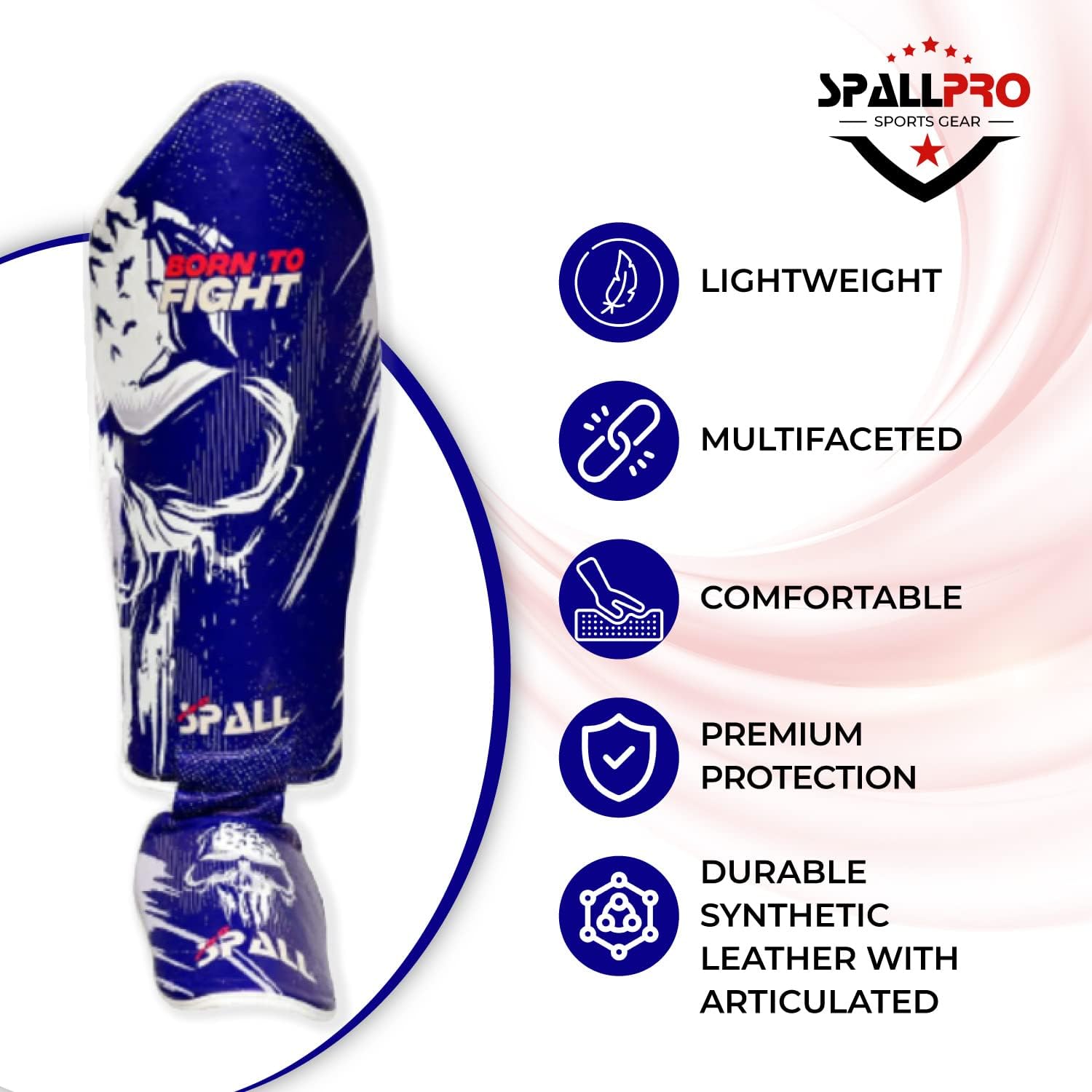 Spall Pro US Muay Thai Guards Shin Guards for Kickboxing Martial Arts BJJ Boxing Sparring with MMA Foot Protector - Born to Fight Blue (Large/X-Large)