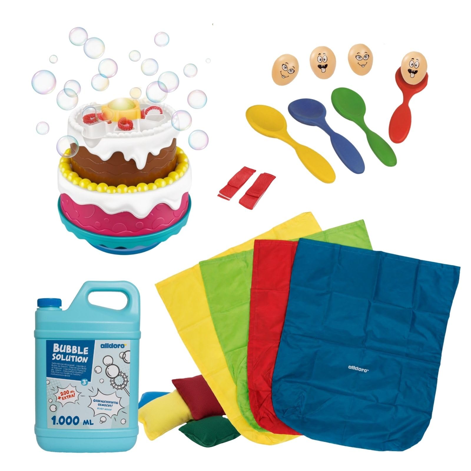 alldoro 68801 Partyspiele Set mit LED-Seifenblasenmaschine Torte & 1,2_L Seifenblasenflüssigkeit, 4 Outdoor-Spiele, für Kinder ab 3 Jahren