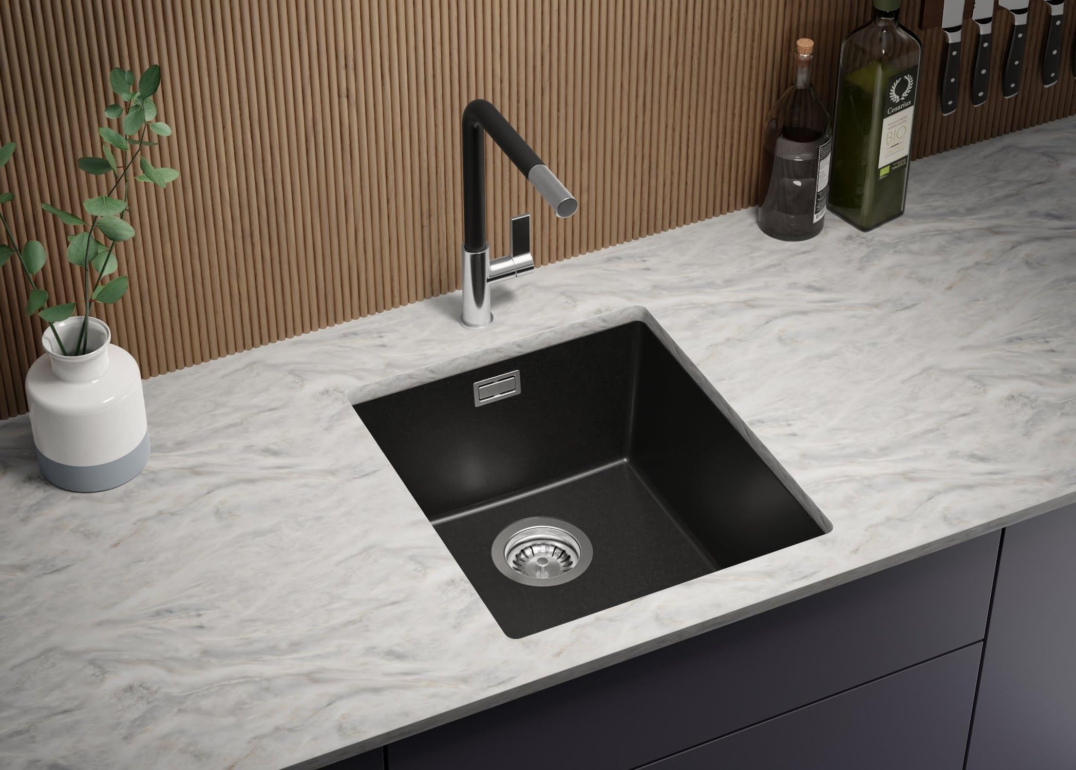 PRIMAGRAN Evier Sous Plan Tout Noir 41x47cm, Evier en Granit 1 bac + Kit de Vidage, Évier au Meuble 45cm - London S123