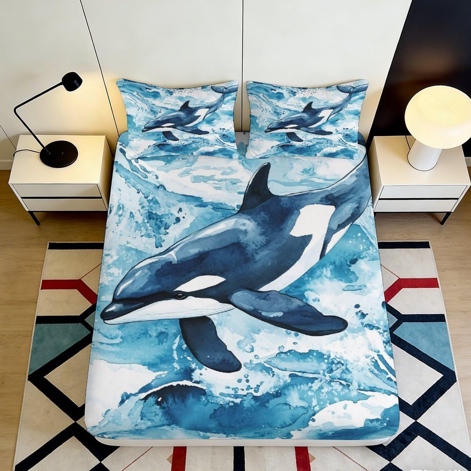 3D Printed Ocean Dolphin Fitted Sheet Microfiber Soft Blue Whale Mattress Cover for Bedroom Guest Room Decor 200x200x25cm