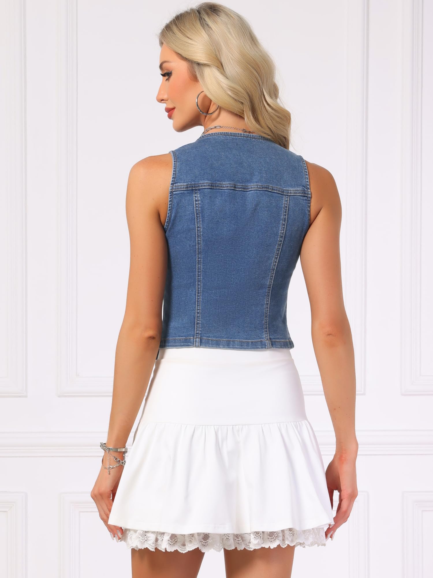 Allegra K Chaleco Vaquero para Mujer sin Mangas Cuello en V Botones Top Corto Chaqueta Vaquera Informal de Verano
