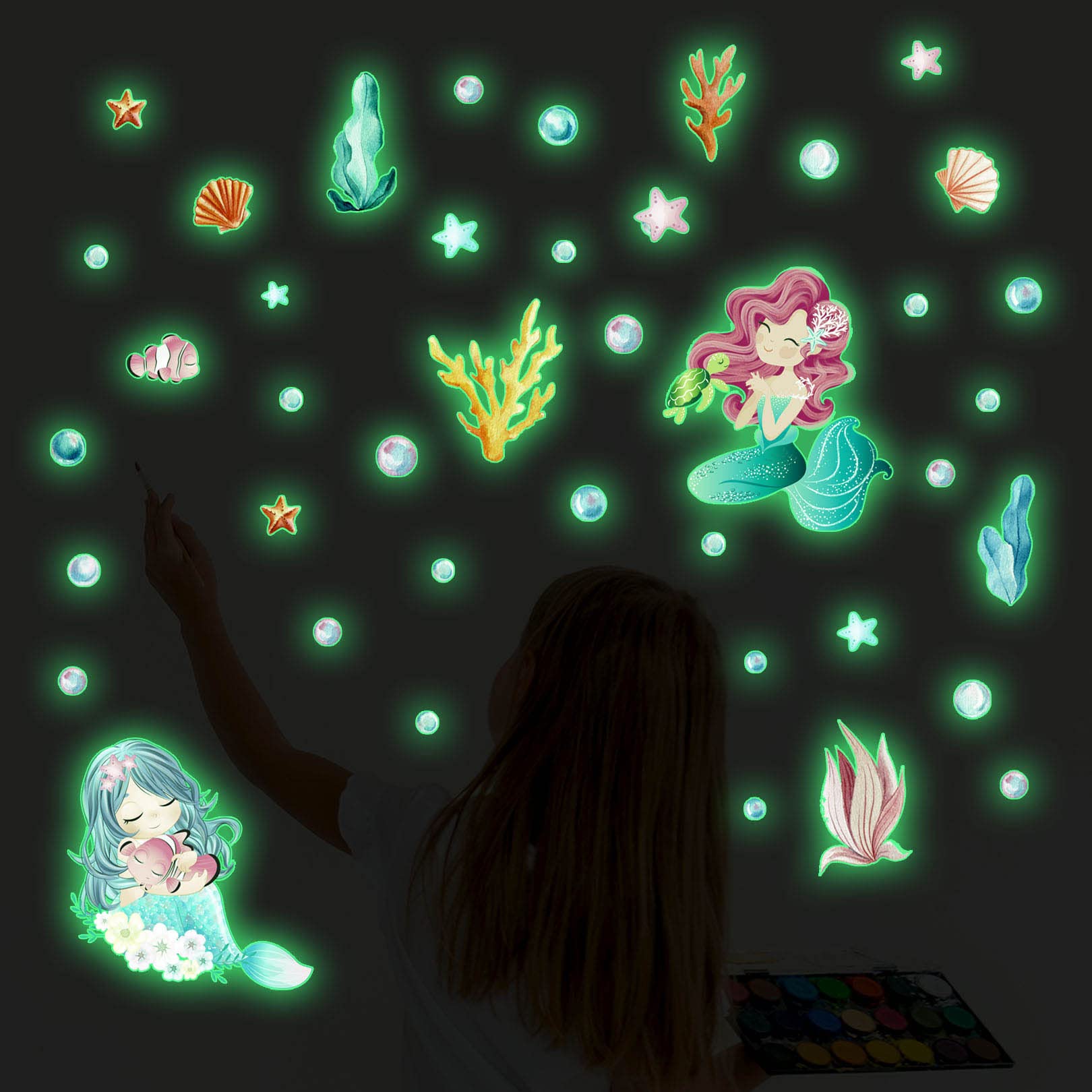 Pegatinas de Pared Sirena Niña Luminosas, Vinilo Decorativo de Luminosas, Wall Sticker Fluorescente, Mundo Submarino Adhesivos de Pared Decoración, para Guardería Bebés Dormitorio Habitación Infantile