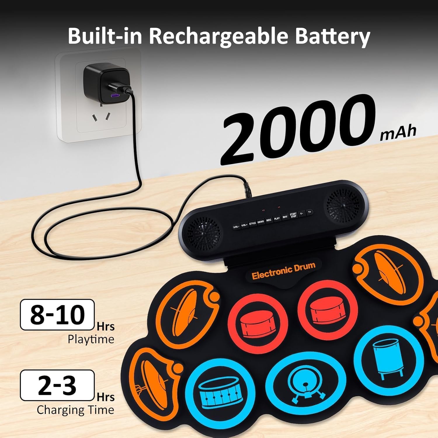 Schlagzeug Elektronisch, 9 Pads Rolling Electric Drum Pad Kits Machine Mit KopfhöReranschluss, 10 Stunden Spielzeit, 2 Eingebaute Lautsprecher (Bunt)