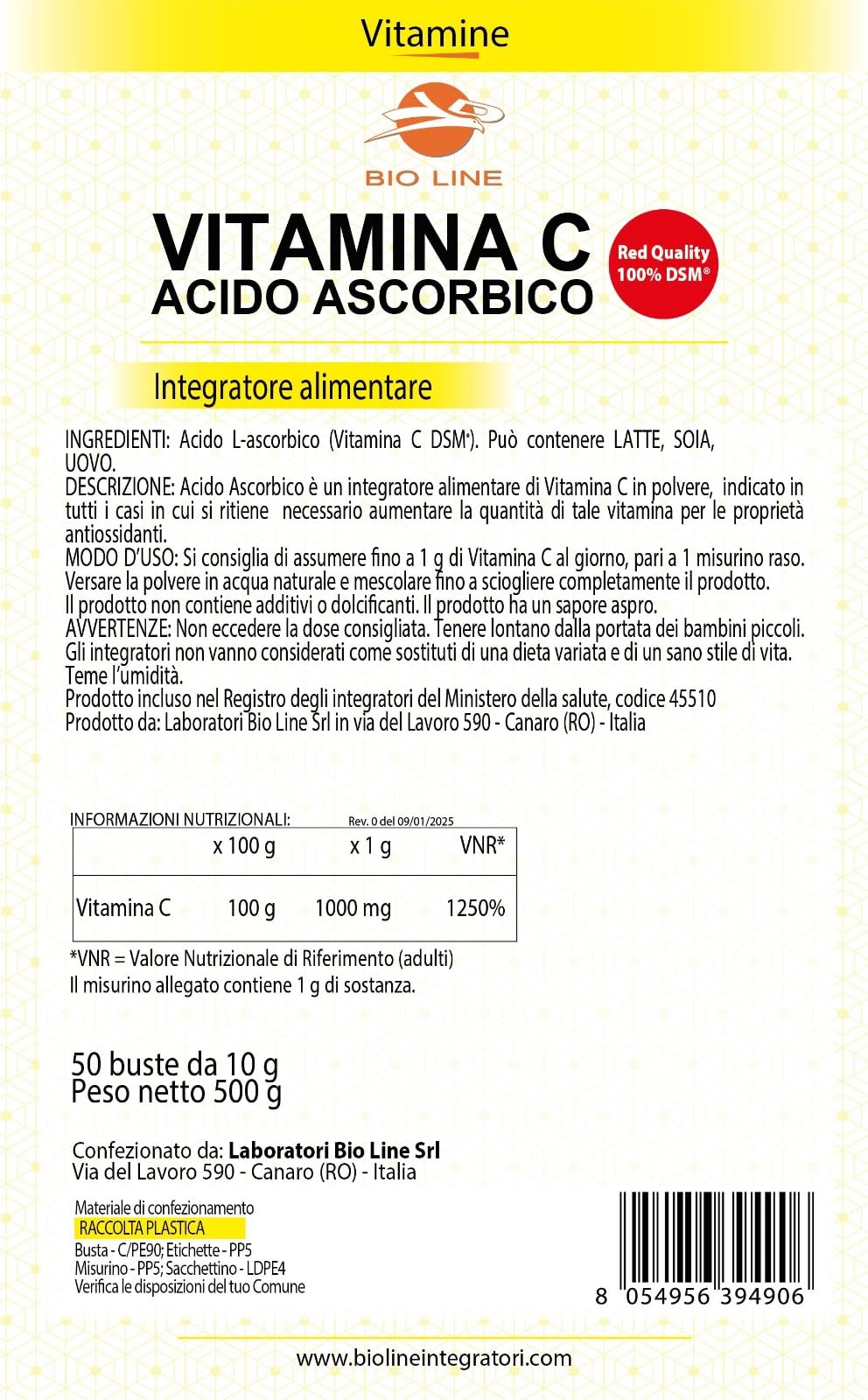 BioLine - Acido Ascorbico Red Quality - Vitamina C DSM in Polvere Pura 500 g (50 bustine da 10 grammi) Integratore Difese Immunitarie con Elevata Concentrazione di Antiossidanti Integratori Alimentari