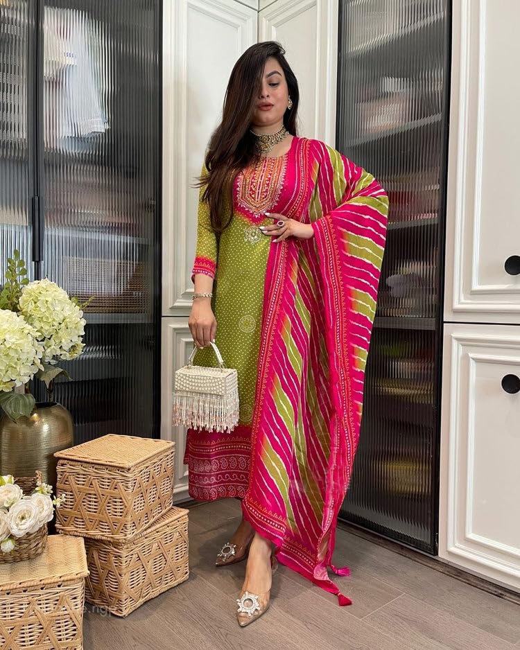 Image of GoSriKi Women's Viscose Straight Kurta Set with Pant & Dupatta | Bandhej Printed Suit Set | Ethnic Festive Dress