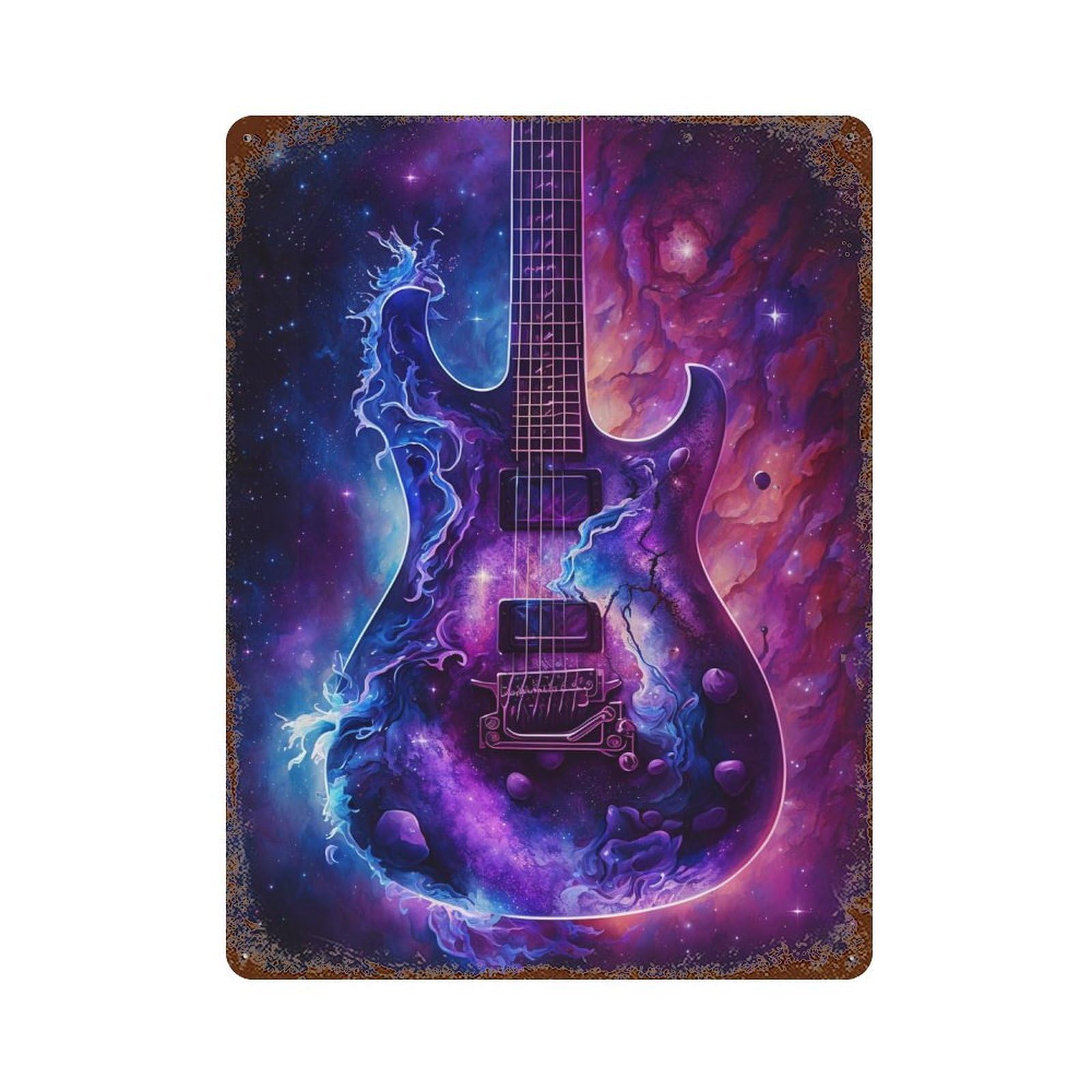 Garage Style Cosmic Guitar Art Print-4 Distressed Metal Wall Sign 15.7"x11.8", Shabby Chic Decor for Bar And Workshop