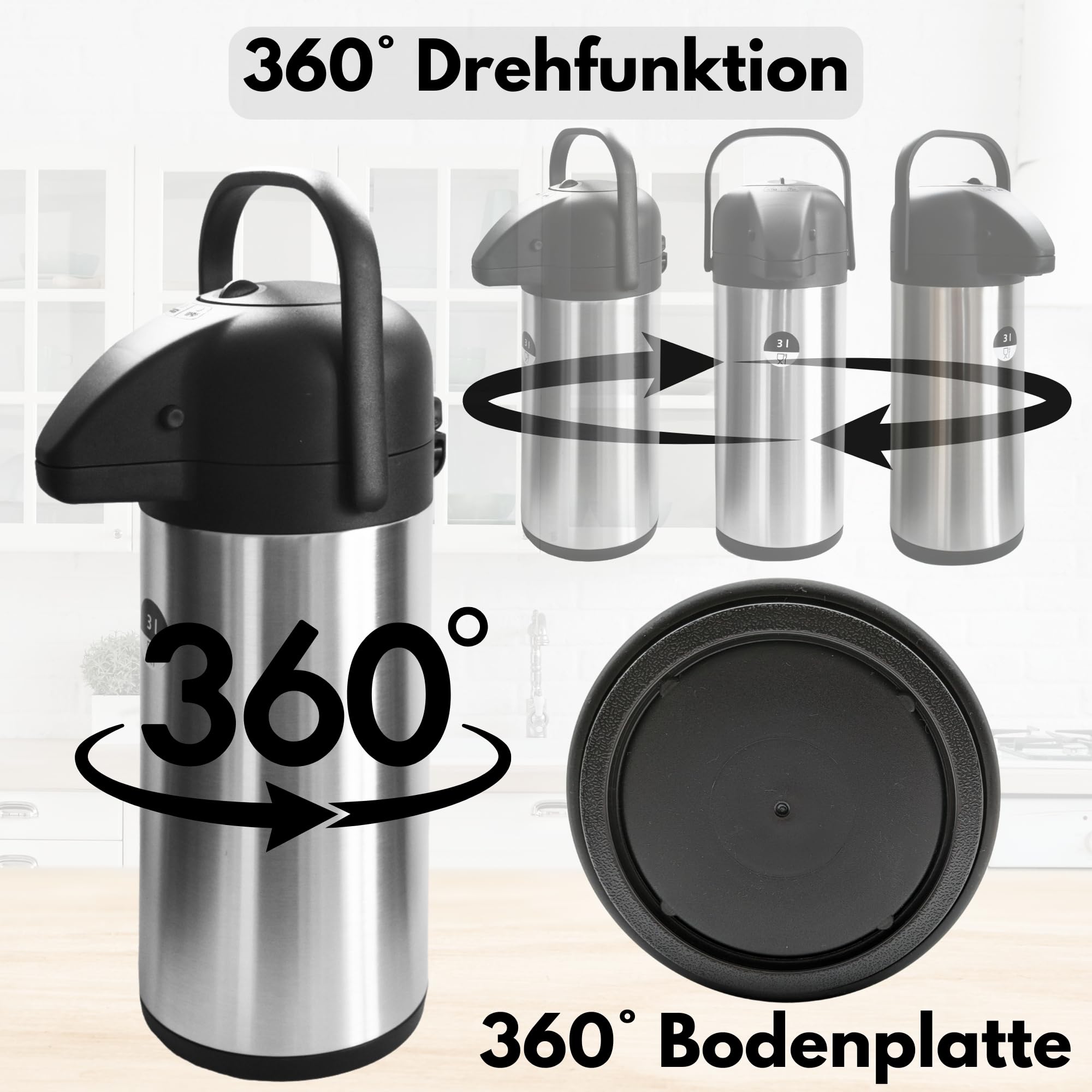Airpot Pumpkanne 3l Isolierkanne Thermoskanne isolierte Kaffeekaraffe Kaffeekanne Gastro Kaffeespender auch für Camping aus Edelstahl & GRATIS-HLKauf-Block