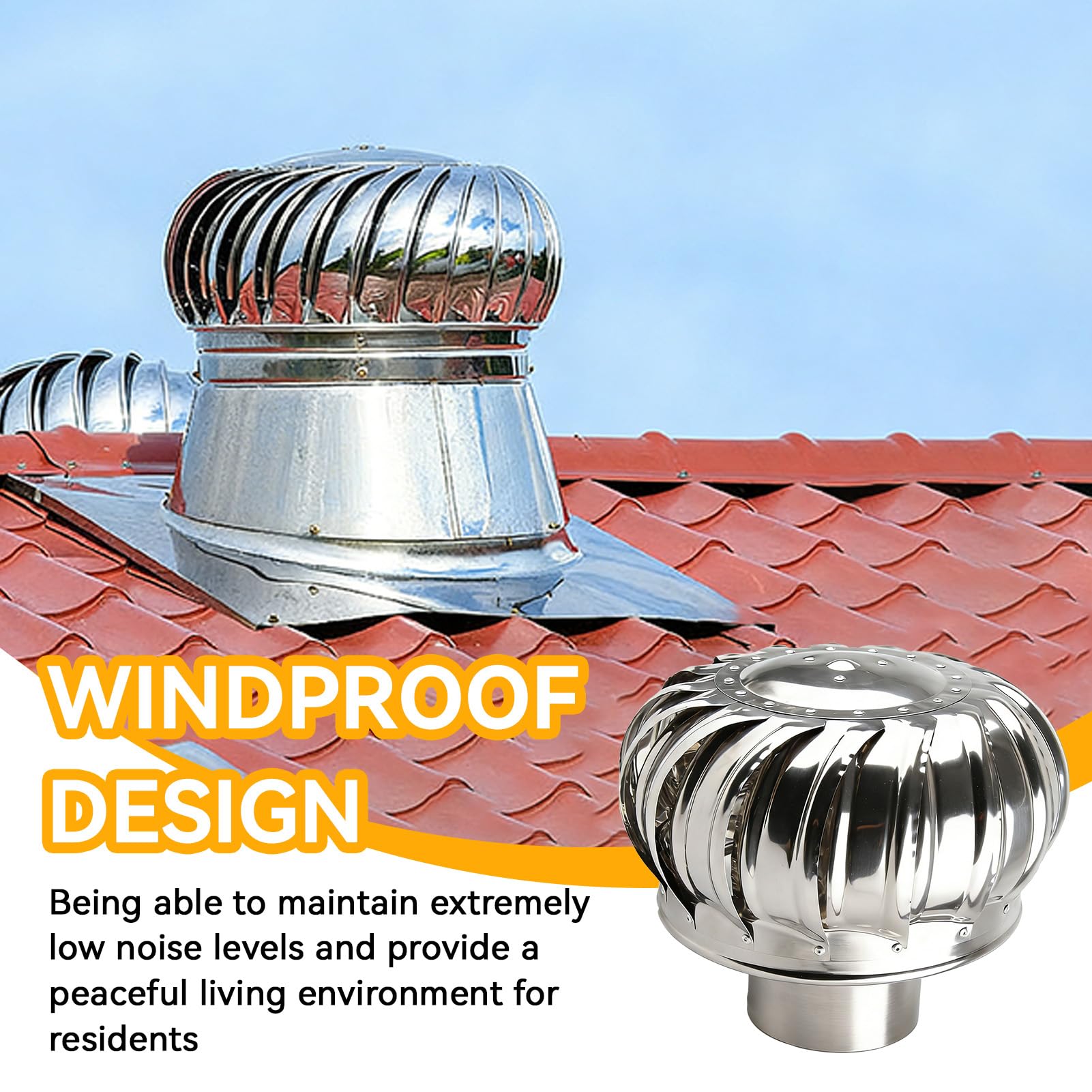 Turbina de Ventilación de Techo 110mm, Ventilador de Acero Inoxidable Automático Chimenea Rotativa para Ático Granja Fábrica y Vivienda Sistema de Ventilación sin Fugas