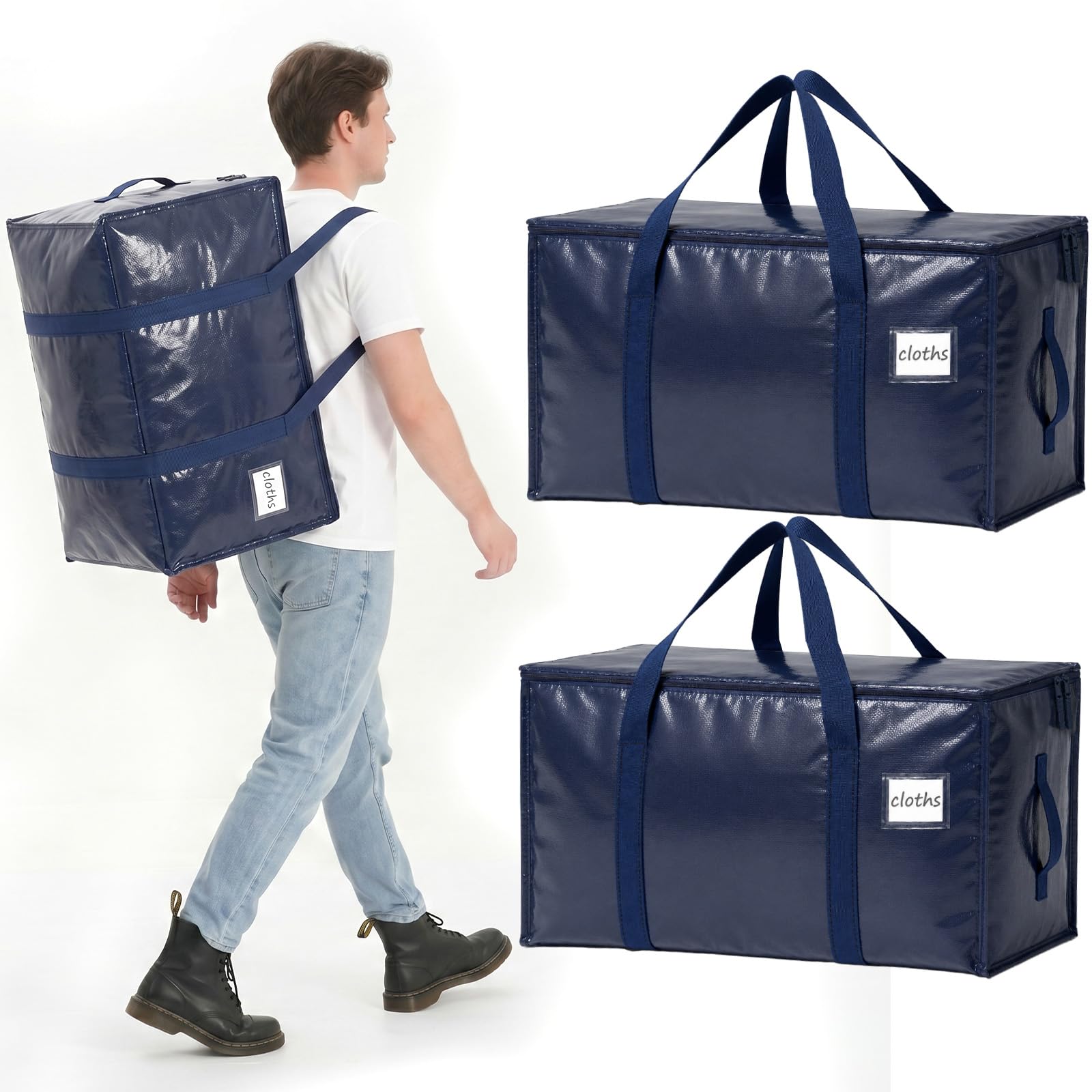 Velway Moving Bags and Storage Bags - 95L Heavy Duty Moving Boxes with Reinforced Handles & Zippers, Waterproof Storage Bags for House Moving, Bedding, Clothes, College Dorm Essentials, Blue, 2 Pack