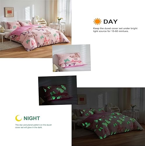 Miniatura 3 de Juego de funda de edredón con diseño de mariposa que brilla en la oscuridad, tamaño individual, 2 piezas para niños y niñas, decoración que brilla