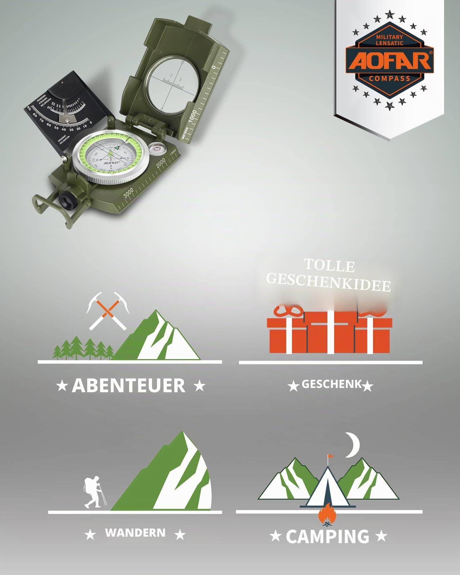 AOFAR AF-4074 Militär-Kompass zum Wandern, Linsenvisier, wasserdicht, langlebig, Neigungsmesser für Camping, Jungen, Geologie-Aktivitäten, Bootfahren
