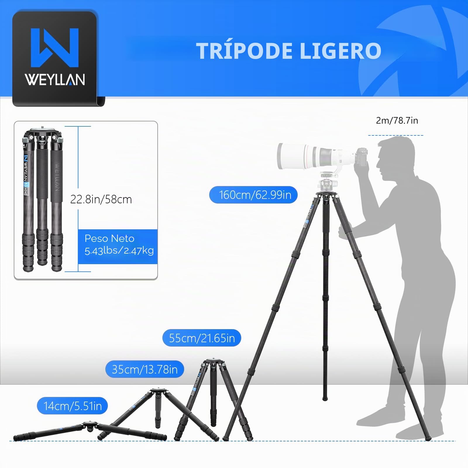 WEYLLAN Trípode Fibra Carbono 160cm, Trípode Cámara con Pata De 40mm, Carbono Tripode Video Profesional De Cámara para Cinematografía, Cámaras DSLR, Binoculares, Cabeza De Bola, Carga 40kg