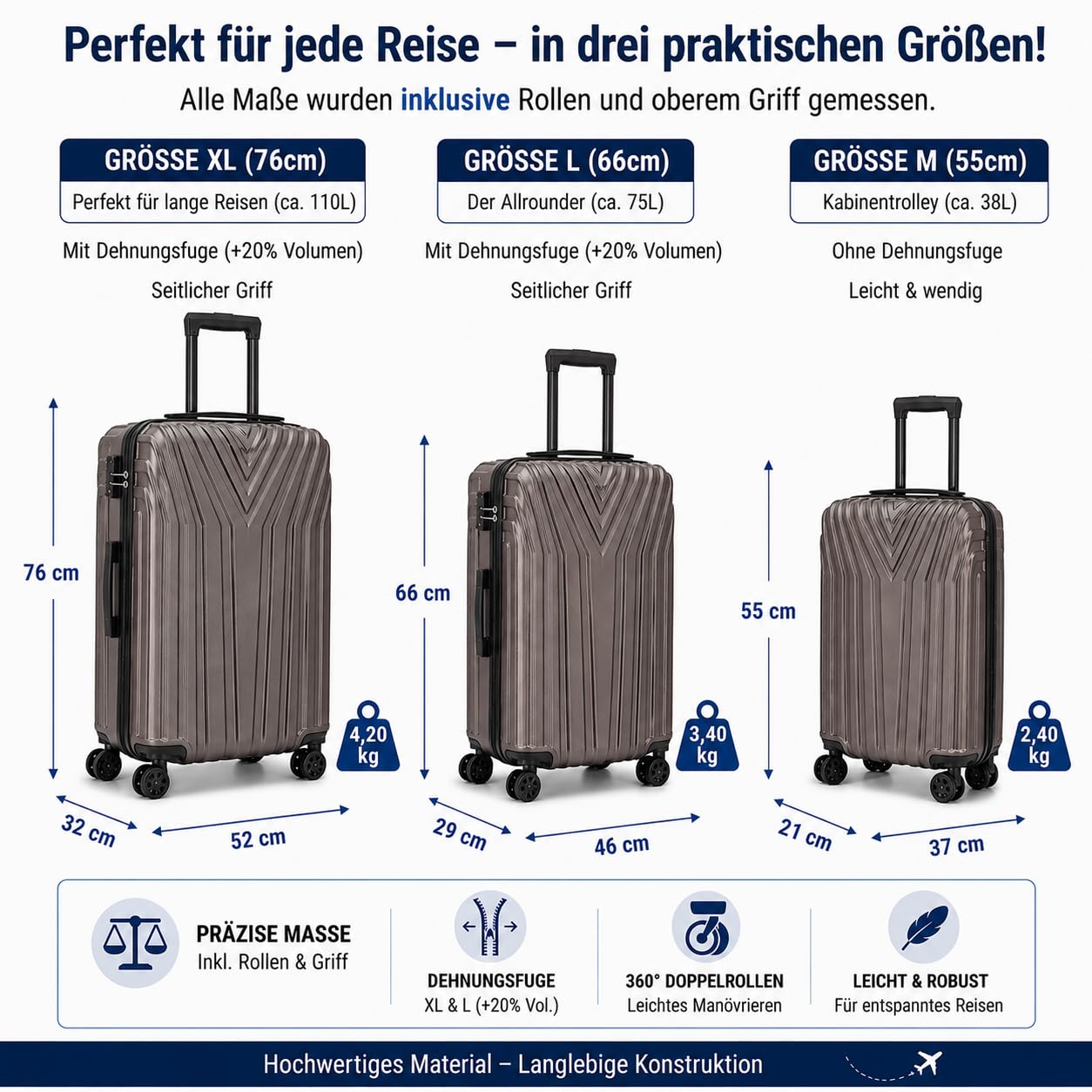 BEIBYE Kofferset Rollkoffer Koffer Hartschale,TSA Schloß, Zwillingsrollen, Erweiterung (Coffee, 66 cm)