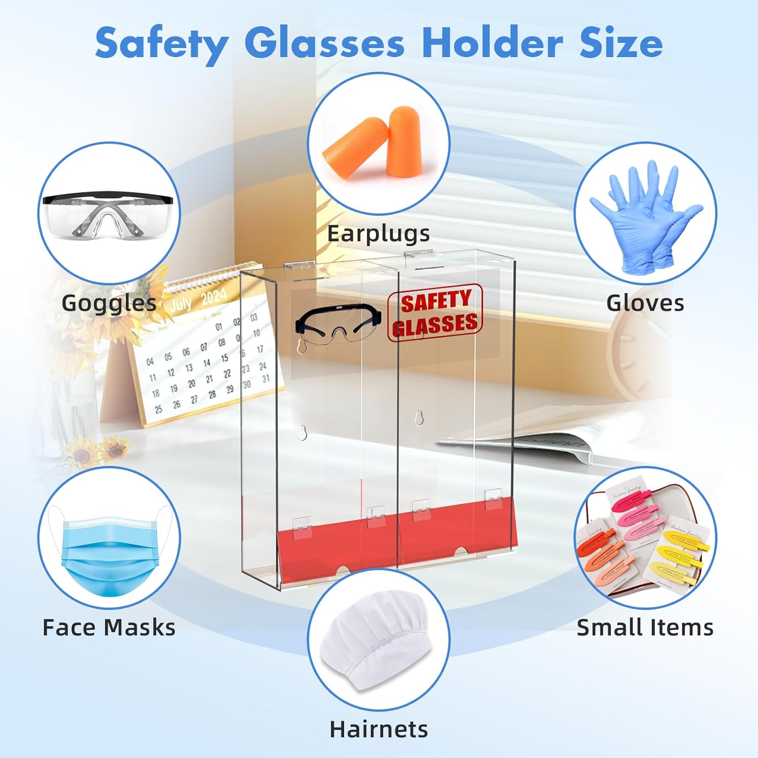 Large Safety Glasses Holder Bin, 2 Compartment Clear Acrylic Glasses Dispenser, Tabletop or Wall Mount, Eyewear Goggles Organizer with Dustproof Lids, for Industrial, Lab, 16.8"H × 15.5"W × 4.5"D