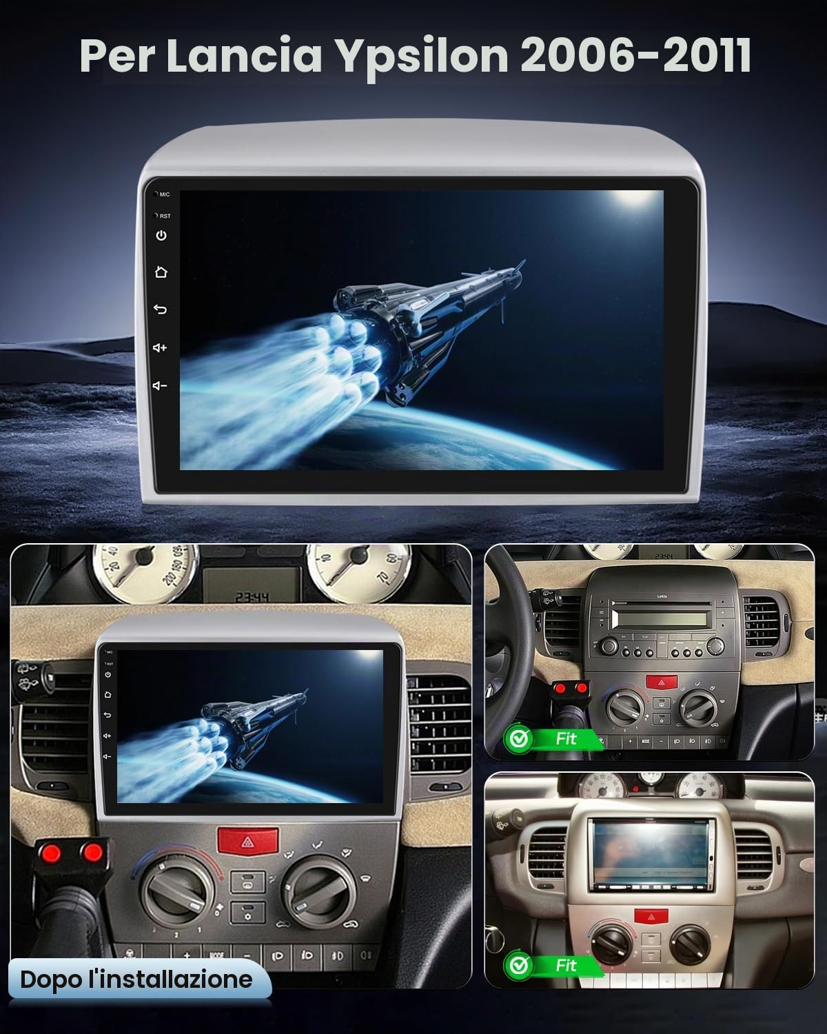 NHOPEEW Autoradio 2+64G per Lancia Ypsilon 2006-2011 con supporto per CarPlay wireless e Android Auto Mirror Link navigazione GPS comandi al volante 40 temi dell'interfaccia utente e video online