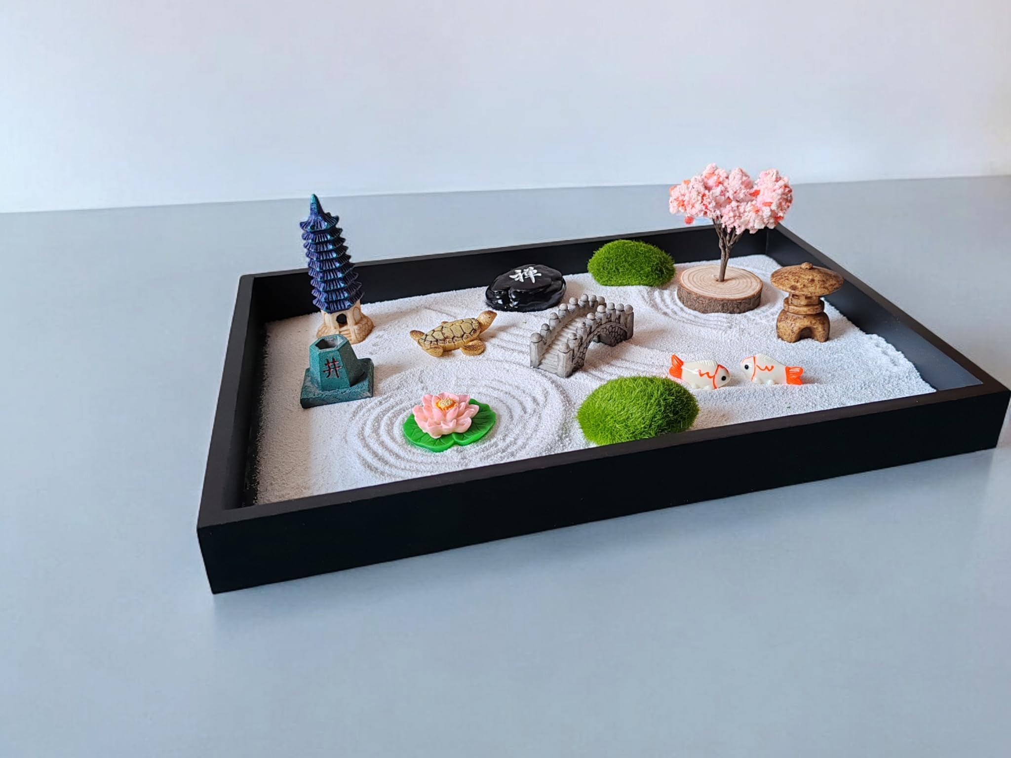 ZEN&TAO Classic Desktop Zen Garden with Abundant (Over 20) Accessories Sitting in Large Black Original Wood Tray and 7pcs Toolset Encased in Metal Box (CHAKRA GEMSTONES) - Image 2