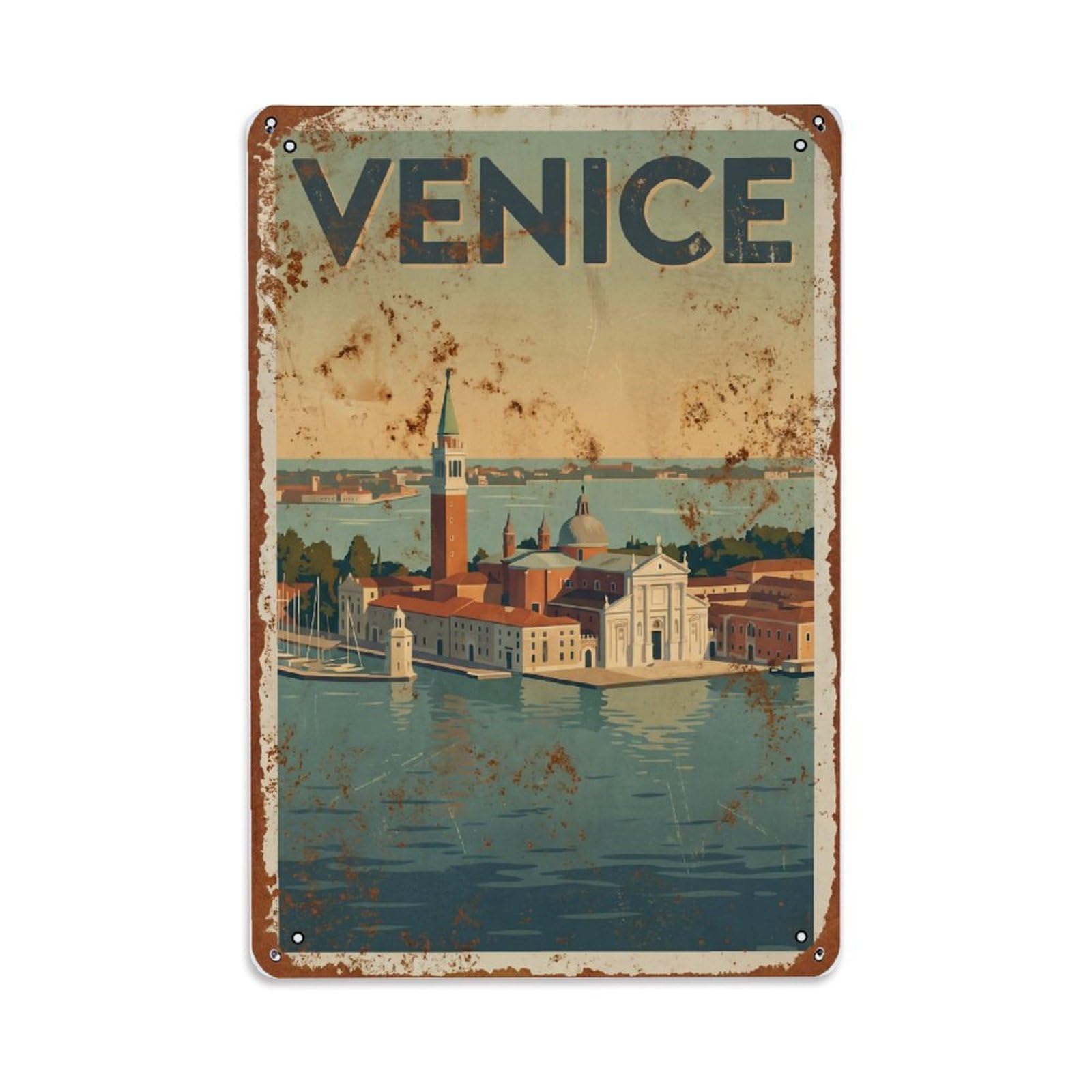 Vintage Travel Venice San Giorgio Maggiore Island Church Rusted Italy Metal Tin Sign Plaque Wall Decor for Cafe, Club Bar, Office, Home Garden Metal Poster 8x12Inch