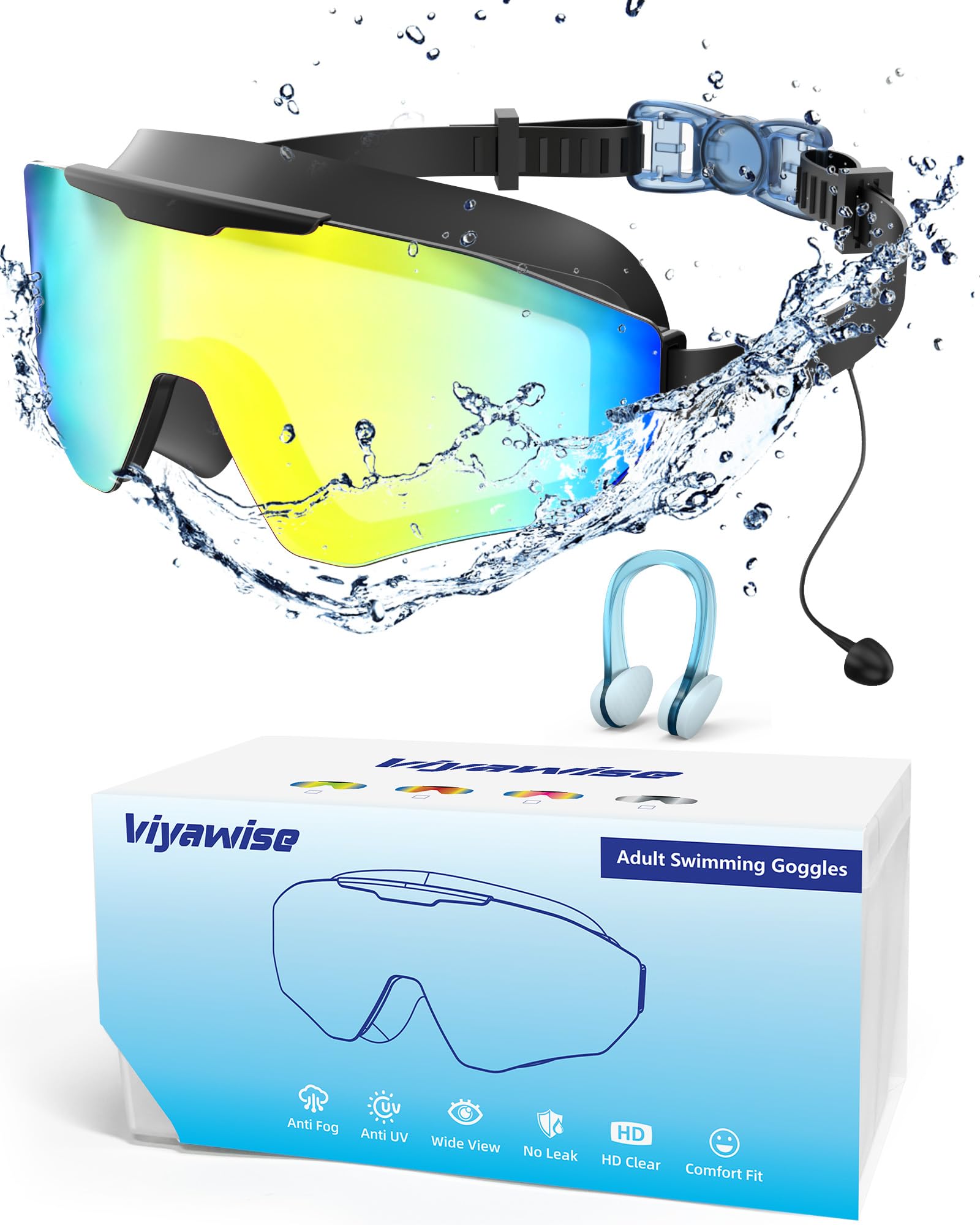 okulary pływackie z zatyczkami do uszu, szeroki wyświetlacz, okulary pływackie przeciw mgle, 3 kolory, okulary do pływania UV, dla mężczyzn, kobiet, dzieci