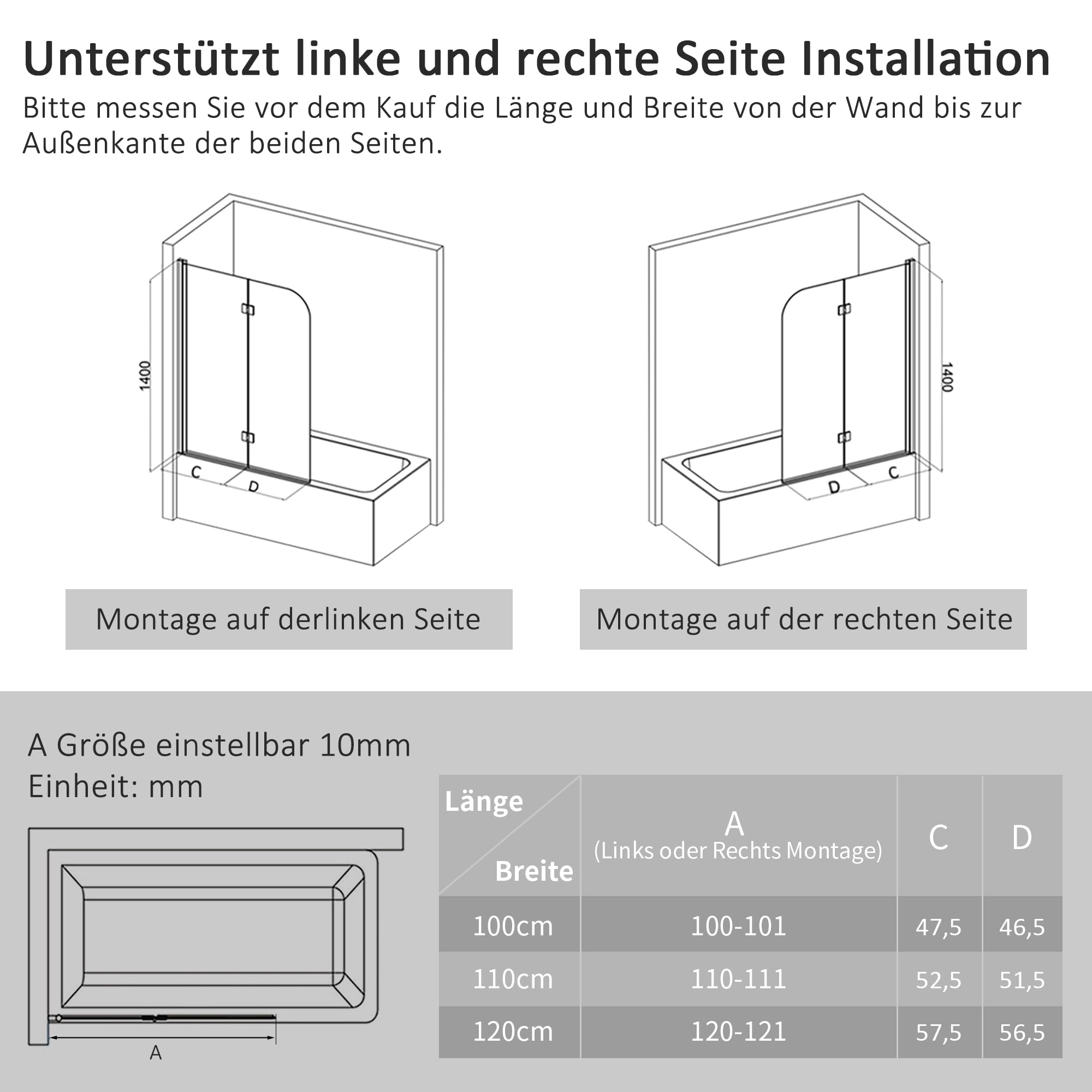 Goezes Duschwand Für Badewanne 110x140 Cm – Faltbar, 6 Mm Nano-Sicherheitsglas, Beidseitig Montierbar