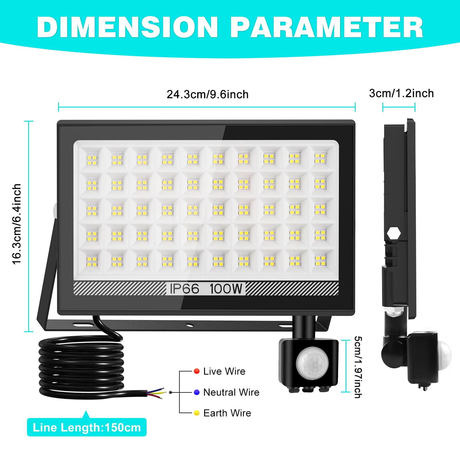 T-SUN Faretto LED da Esterno con Sensore di Movimento 100W, 10000 LM Faro LED Esterno, Impermeabile IP66 6000K Bianco Freddo, Faretti Leds per Interno Alimentazione di Rete per Giardino Patio Garage