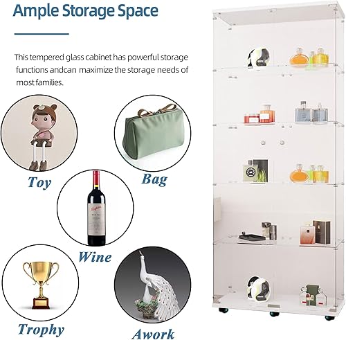 Miniatura 241 de Vitrina de cristal con 4 estantes con tira de luces LED y cerradura, vitrina de vitrina con ruedas y 1 puerta, vitrina de vidrio templado para sala