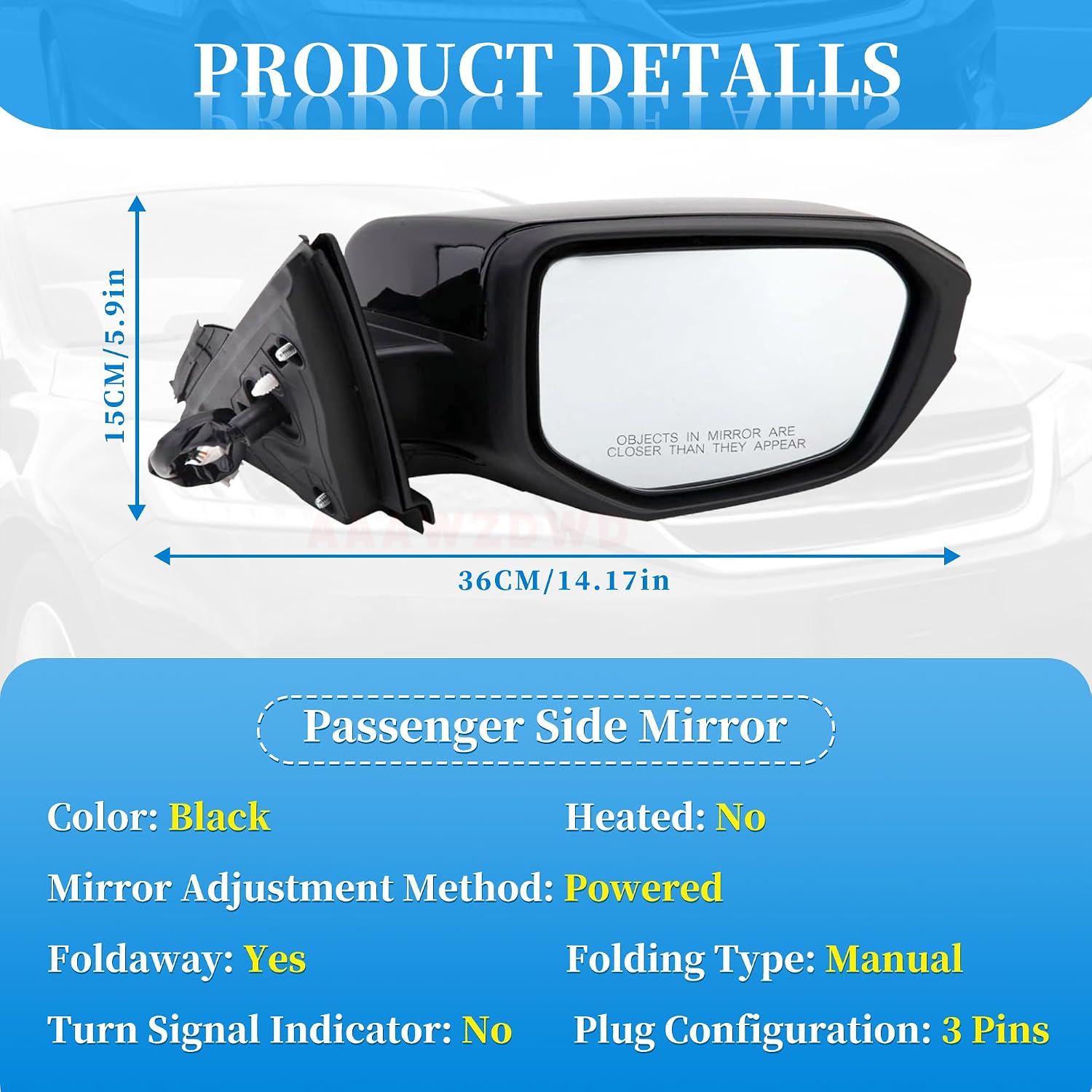 Black Right Passenger Side Mirror Replacement For Honda Civic LX SE Sport 2016-2021 -Power Mirror Manual Folding Non-Heat Matchl Black Right Side Door Mirror#76208TBAC03ZA HO1321283(3Pins)