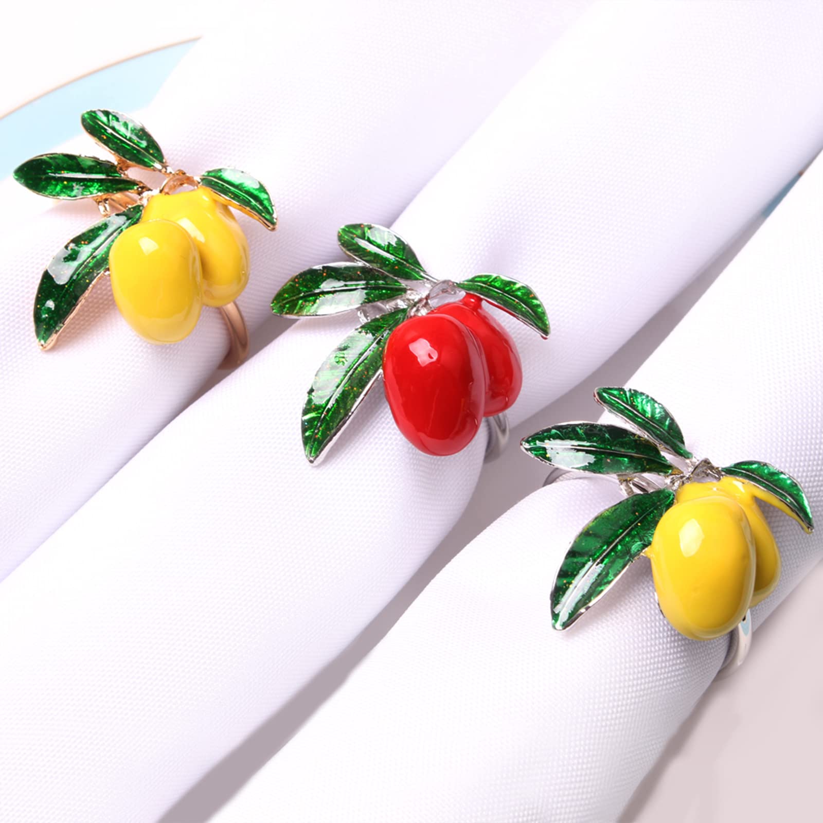 Set Di 6 Portatovaglioli A Tema Tropicale, Frutta In Metallo Dorato, Limone E Mango, Con Foglia Verde, Ideali Per Feste, Matrimoni E Decorazione Tavola - 4