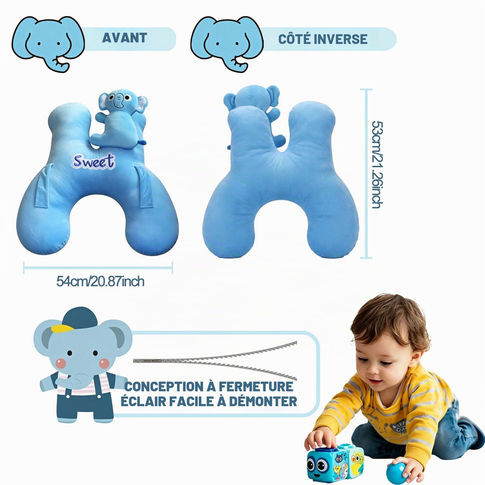 Devineresse Oreiller de Voyage Enfant, Coussin Voyage Enfant Forme H avec Appui-Tête Latéral Amovible, Oreiller de Voiture pour Dormir Lors de Longs Trajets, Velours Cristal et Éléphant