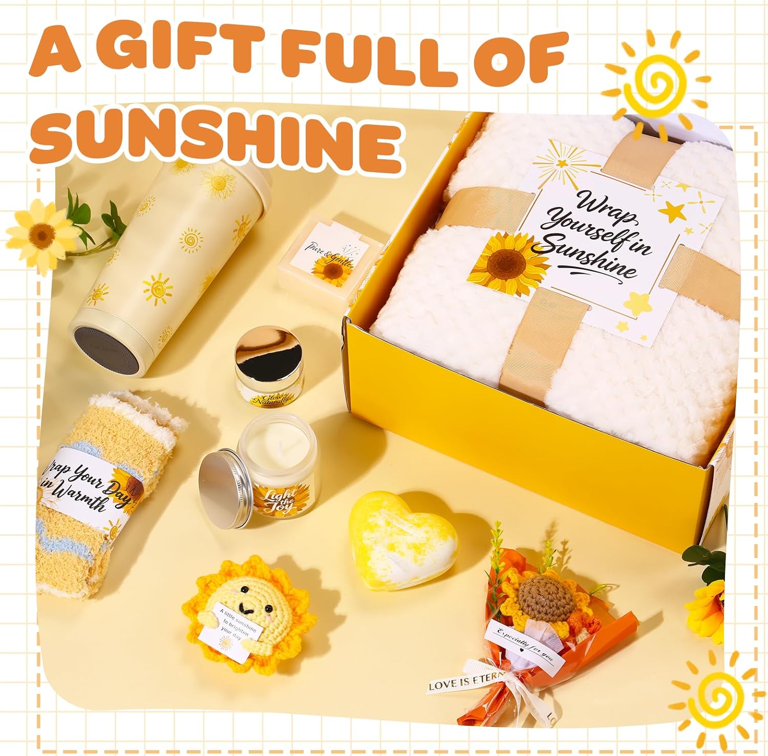 Sunflower Gift Box for Women, Sunshine Birthday Gifts, Luxury Self Care Package, 9-in-1 Gift Baskets with Blanket, Tumbler, Candle, Bath Bomb, Plush & More, Get Well Soon, Valentine Day Gifts