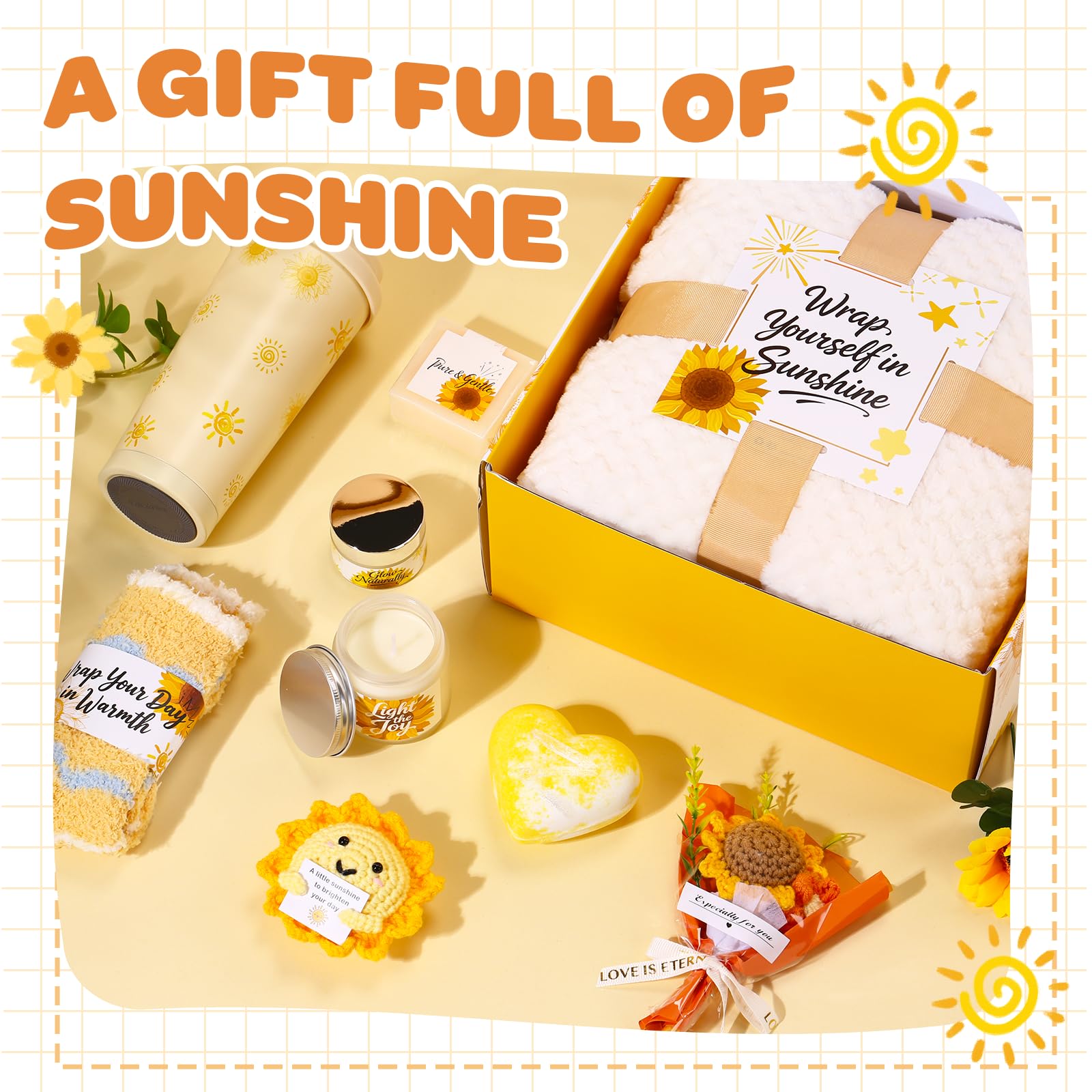 Sunflower Gift Box for Women, Sunshine Birthday Gifts, Luxury Self Care Package, 9-in-1 Gift Baskets with Blanket, Tumbler, Candle, Bath Bomb, Plush & More, Get Well Soon, Valentine Day Gifts