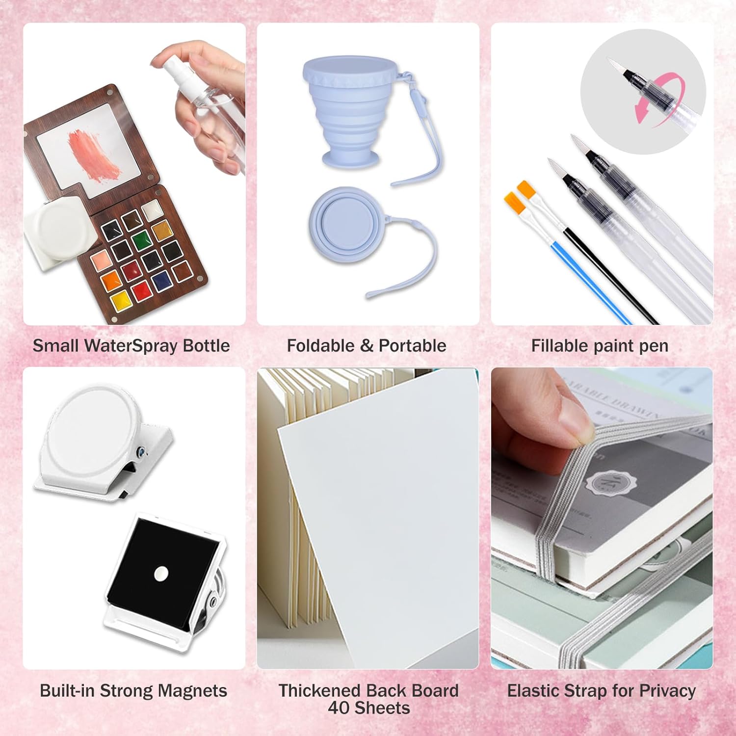 Mini Portable Watercolor Palette,Travel Paint set,15 Grids Portable Wooden Paint Palett with Bag,Paint, Brush, Cleaner Cup,2 Sketchbooks & Magnetic Clip,Watercolor for Painters,Artists - Image 9
