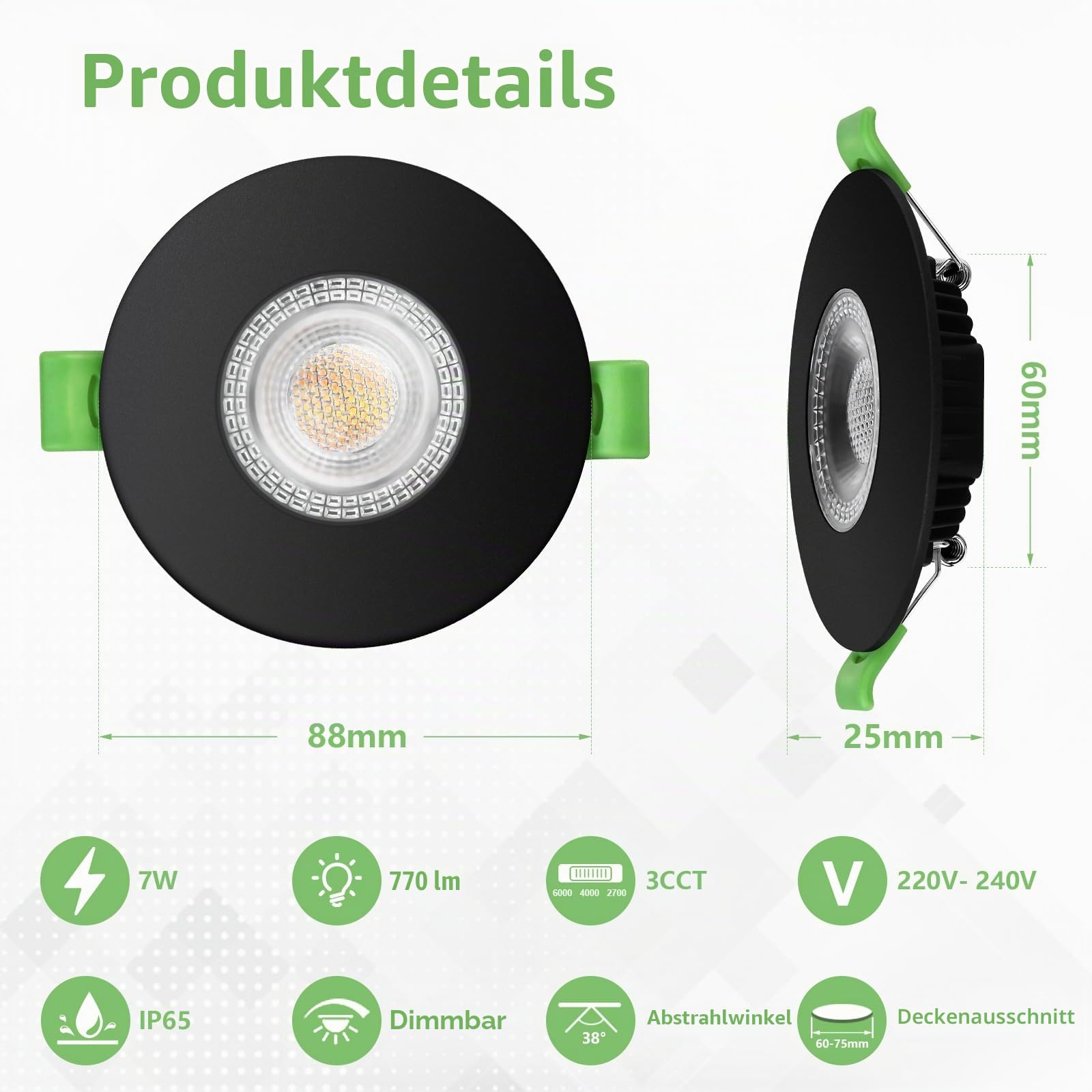 KYOTECH LED Einbaustrahler 230V Dimmbar 3CCT IP65 Deckenspots 60-75mm | 7W 770LM LED Einbauleuchten 2700K/4000K/6000K Spot Ultra Flach für Badezimmer Balkon Wohnzimmer 10er Schwarz